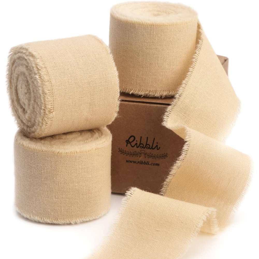 Ribbli 3 Rolls Dusty Blue Ribbon 1.5 Inch x 18Yards Handmade Cotton Frayed Fringe Ribbons for Gift Wrapping Wedding Invites Bridal Bouquets Baby Shower DIY Crafts Home Decor(Nude)