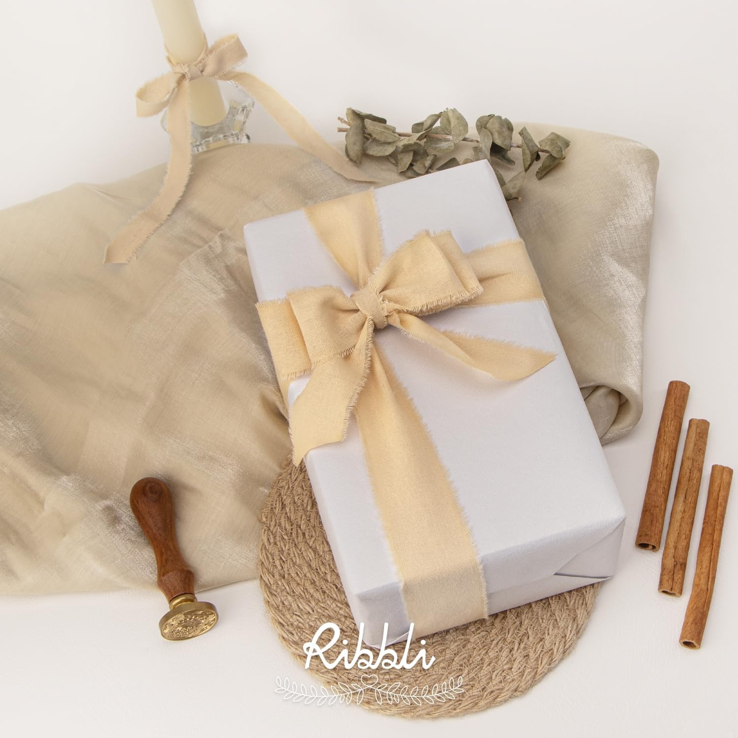 Ribbli 3 Rolls Dusty Blue Ribbon 1.5 Inch x 18Yards Handmade Cotton Frayed Fringe Ribbons for Gift Wrapping Wedding Invites Bridal Bouquets Baby Shower DIY Crafts Home Decor(Nude)