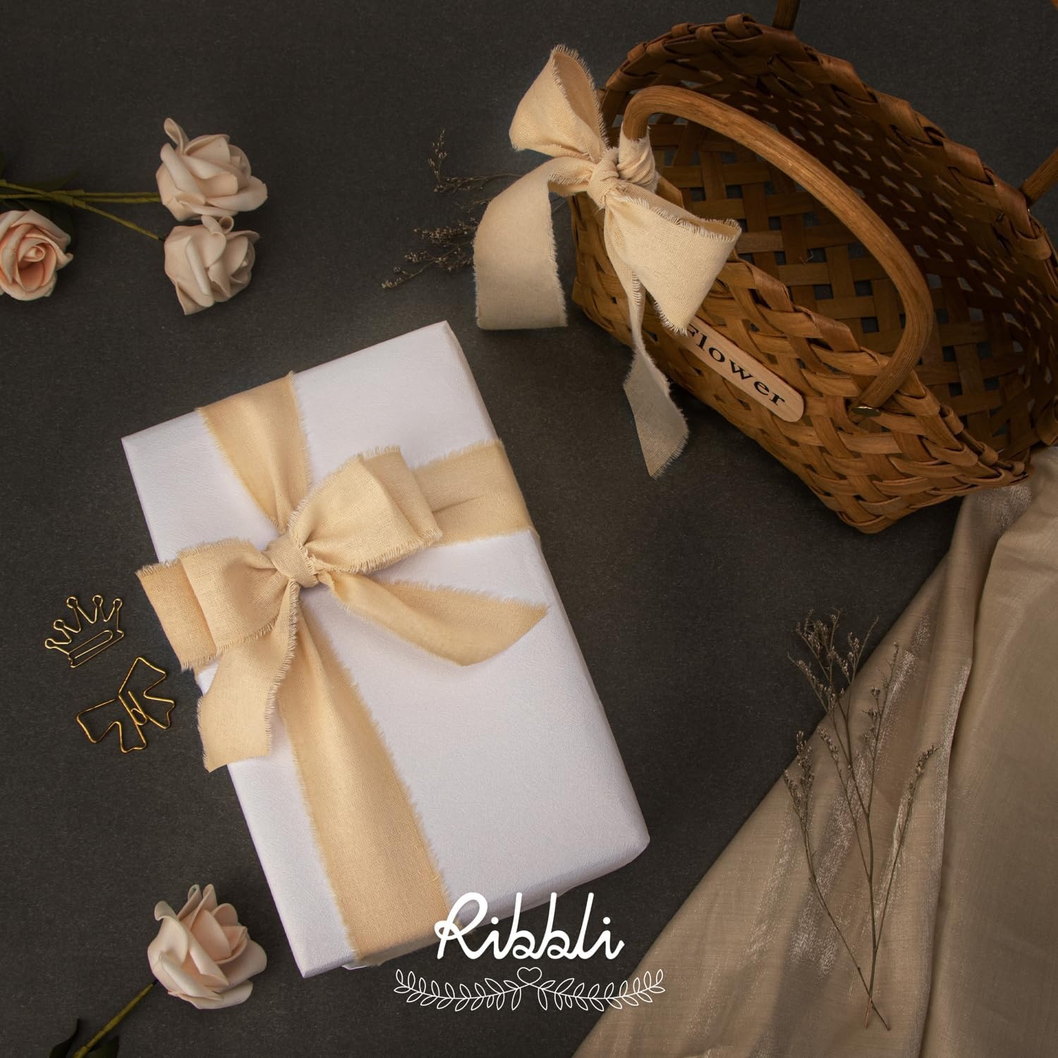 Ribbli 3 Rolls Dusty Blue Ribbon 1.5 Inch x 18Yards Handmade Cotton Frayed Fringe Ribbons for Gift Wrapping Wedding Invites Bridal Bouquets Baby Shower DIY Crafts Home Decor(Nude)