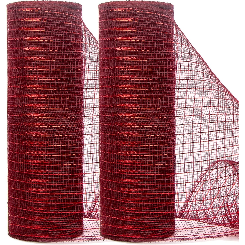 Ribbli 2 Rolls Champagne Gold Metallic Mesh Ribbon Champagne Gold Deluxe Foil Christmas Ribbon for Christmas Tree Wreath Swags Wedding Garland 10 inch x 30 feet(10Yard) Per Roll(Burgundy/Red)