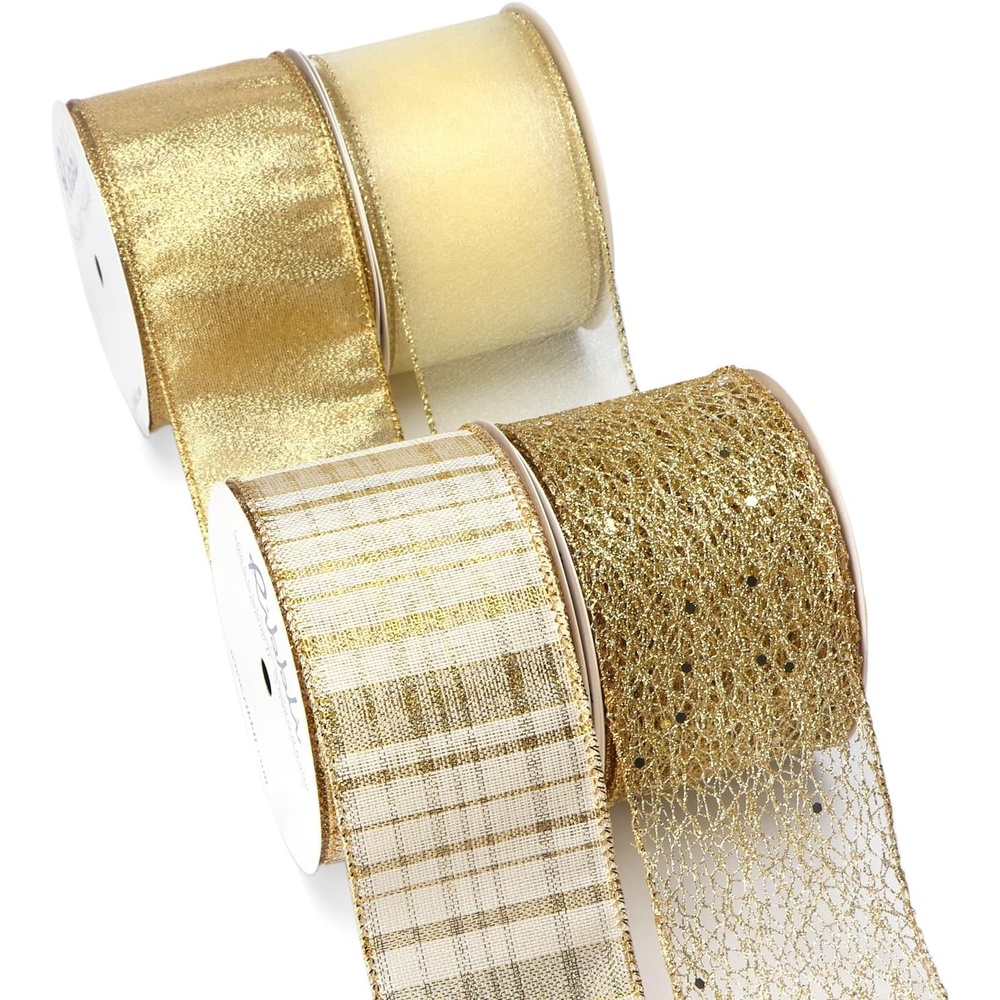 Ribbli Silver Wired Ribbon for Christmas Tree,Glitter Mesh Snowflake Stripe Christmas Ribbon for Crafts,Wreaths,Topper Bow,Gift Wrapping,Tree Decoration-4Rolls 2-1/2 Inch Total 40 Yard(Ivory/Gold)