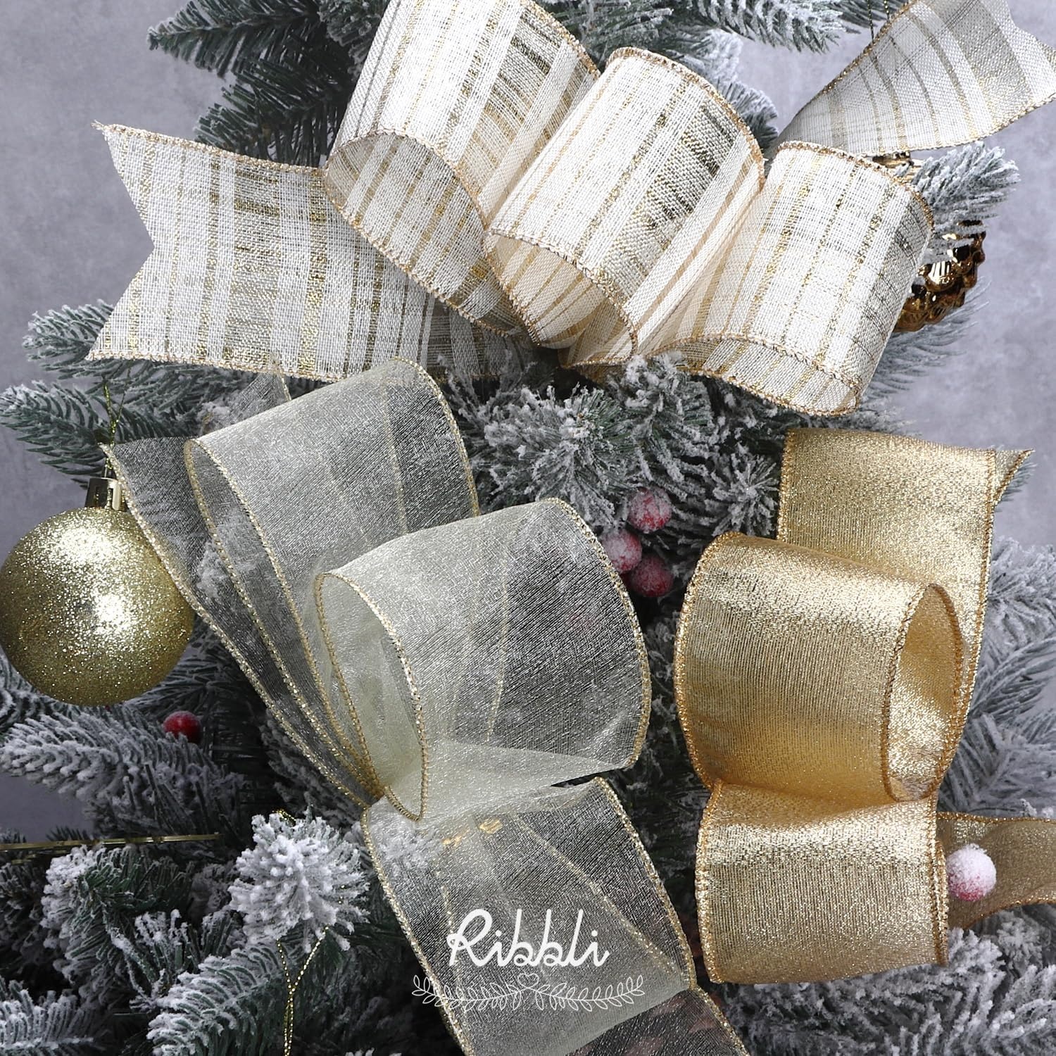 Ribbli Silver Wired Ribbon for Christmas Tree,Glitter Mesh Snowflake Stripe Christmas Ribbon for Crafts,Wreaths,Topper Bow,Gift Wrapping,Tree Decoration-4Rolls 2-1/2 Inch Total 40 Yard(Ivory/Gold)