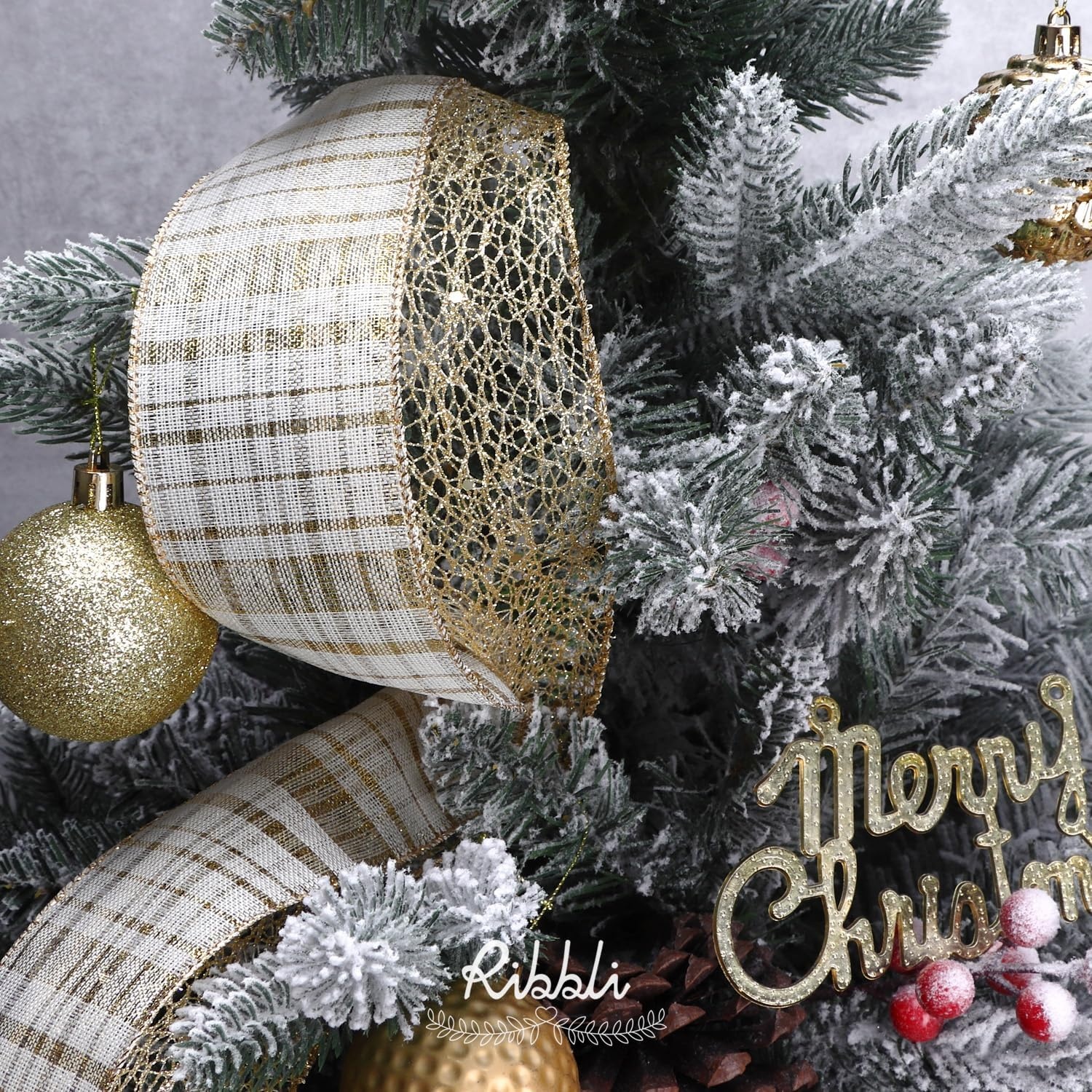 Ribbli Silver Wired Ribbon for Christmas Tree,Glitter Mesh Snowflake Stripe Christmas Ribbon for Crafts,Wreaths,Topper Bow,Gift Wrapping,Tree Decoration-4Rolls 2-1/2 Inch Total 40 Yard(Ivory/Gold)