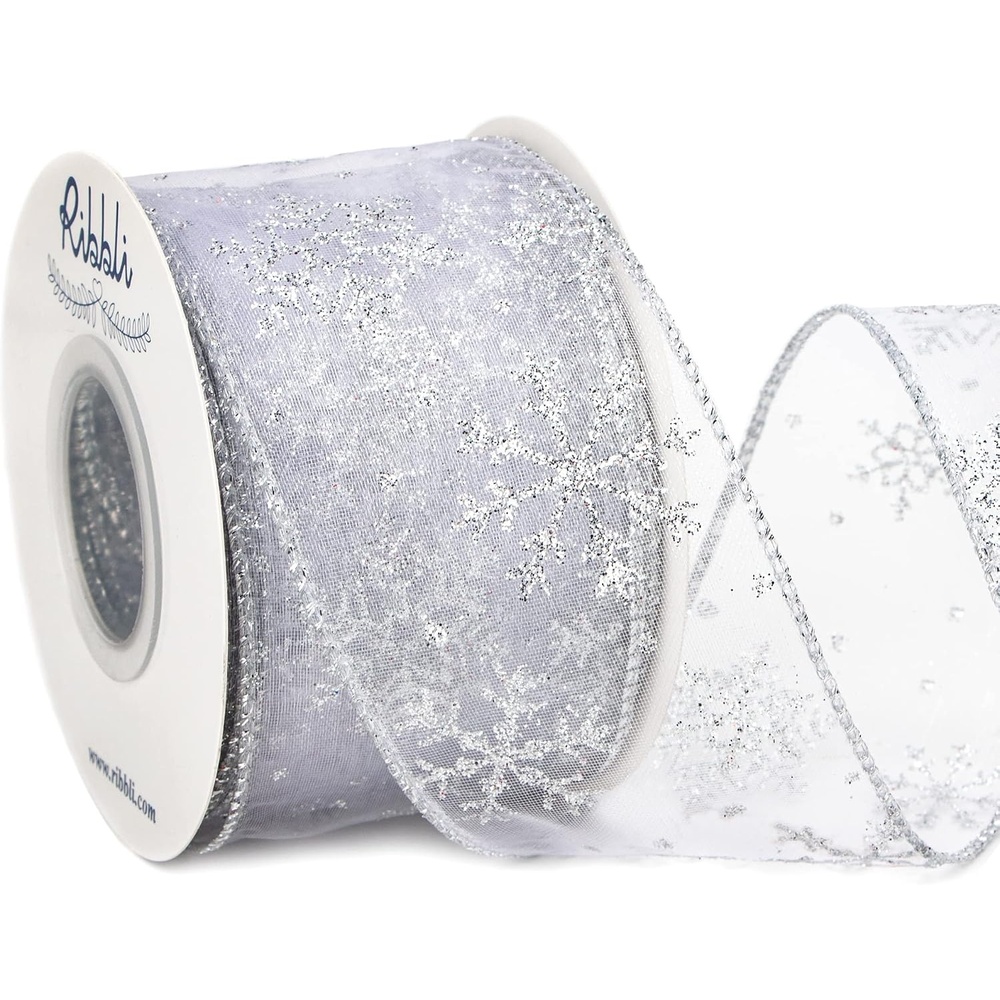 Ribbli Snowflake Glitter Wired Ribbon,Turquoise Blue Organza Sheer with Silver Glitter Snowflake Pattern and Silver Metallic Edge,2-1/2 Inch x 10 Yards Christmas Ribbon for Tree Decoration(White/Silver)