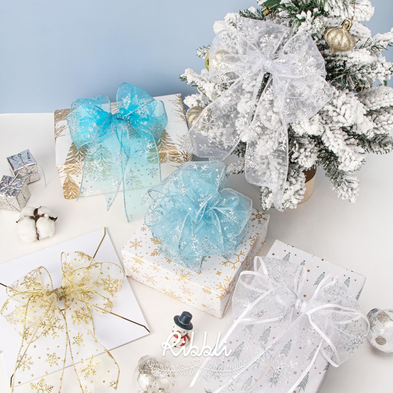 Ribbli Snowflake Glitter Wired Ribbon,Turquoise Blue Organza Sheer with Silver Glitter Snowflake Pattern and Silver Metallic Edge,2-1/2 Inch x 10 Yards Christmas Ribbon for Tree Decoration(White/Silver)