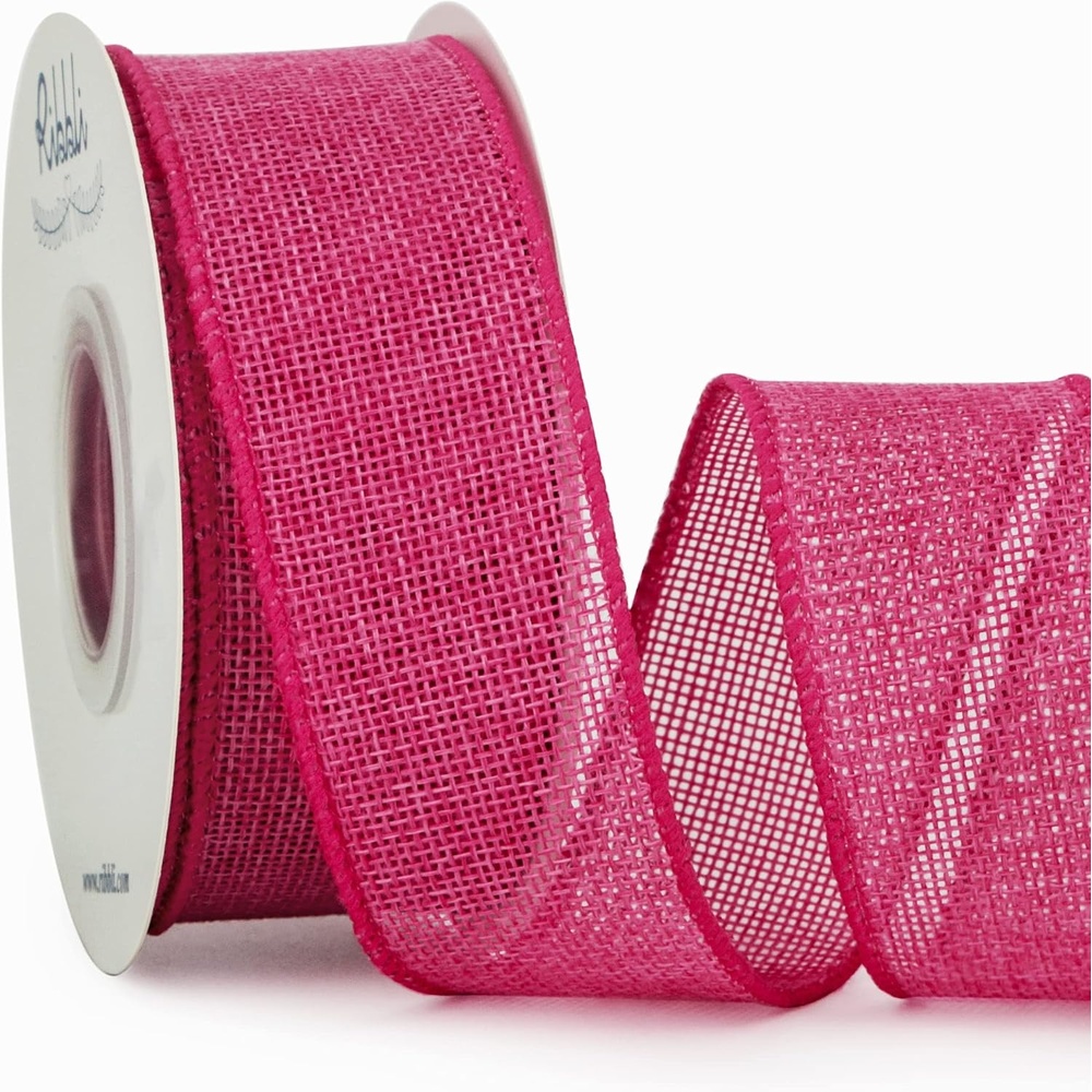 Ribbli Pink Burlap Valentine’s Day Wired Ribbon,1-1/2 Inch x 10 Yard,Easter Wired Edge Ribbon for Big Bow,Wreath,Tree Decoration,Outdoor Decoration(Hot Pink)