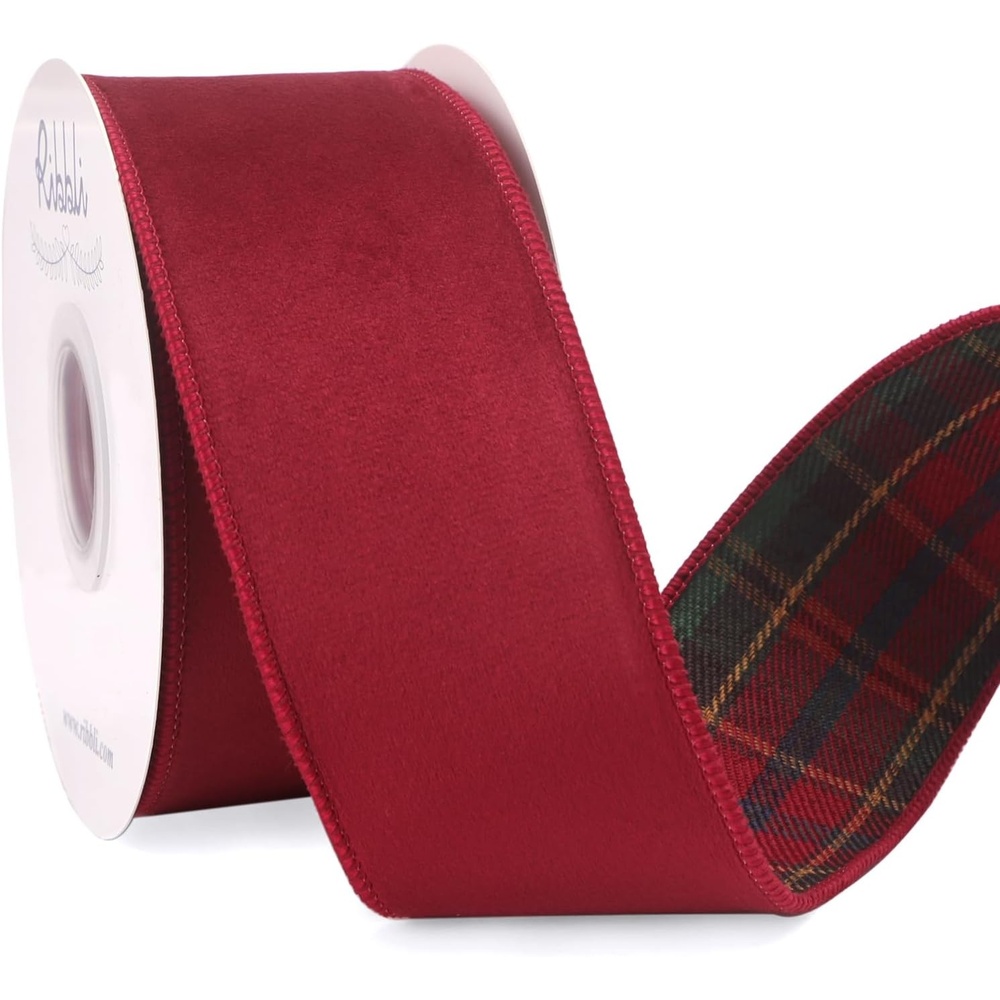 Ribbli Red Velvet Wired Ribbon with Metallic Plaid Reversible 2.5 Inch Christmas Ribbon for Gift Wrapping Christmas Tree Decoration Crafts Wreaths Supplies-Continuous 10 Yards(Dark Red/Tartan)