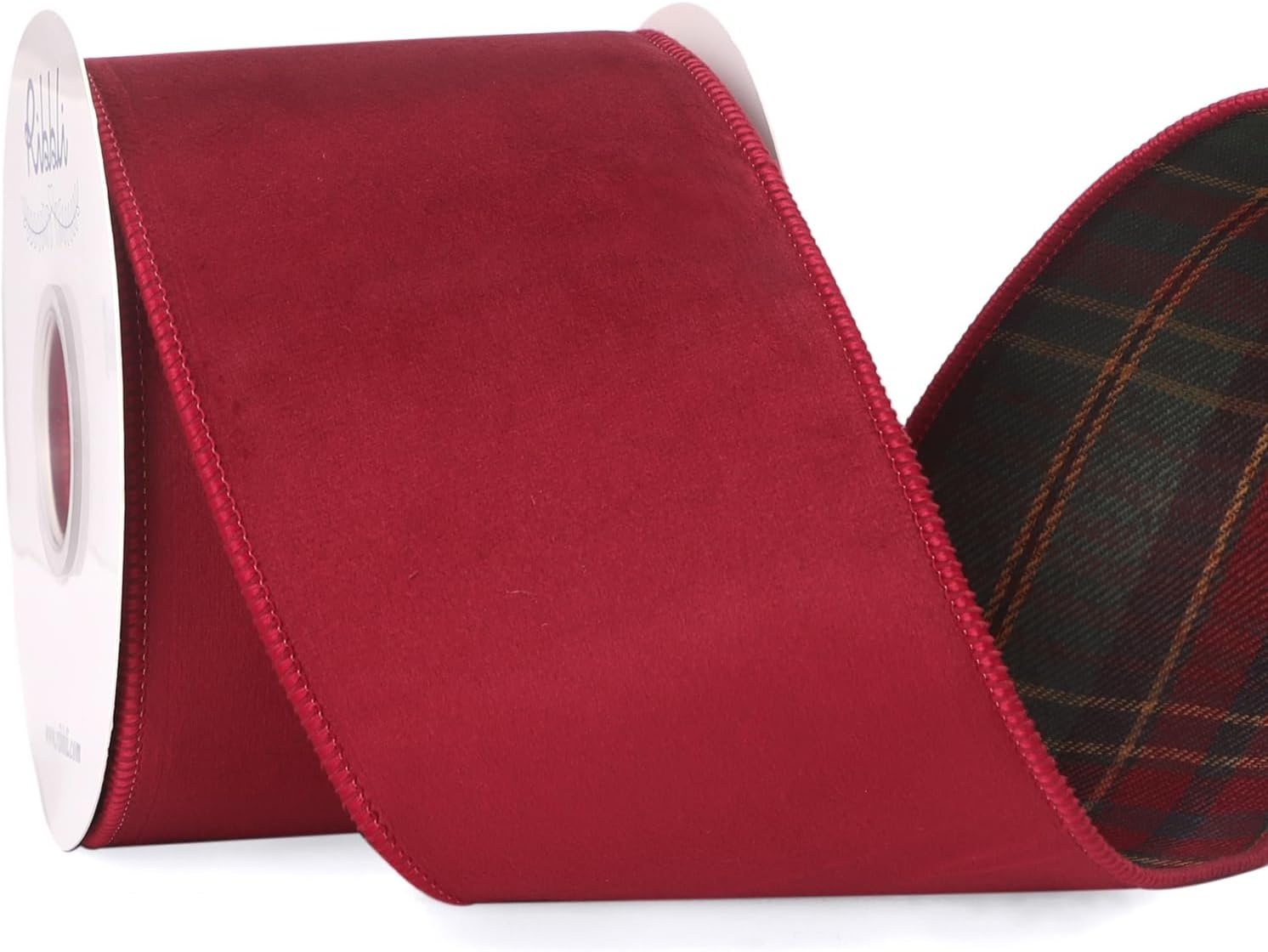 Ribbli Red Velvet Wired Ribbon with Metallic Plaid Reversible 2.5 Inch Christmas Ribbon for Gift Wrapping Christmas Tree Decoration Crafts Wreaths Supplies-Continuous 10 Yards(Dark Red/Tartan)