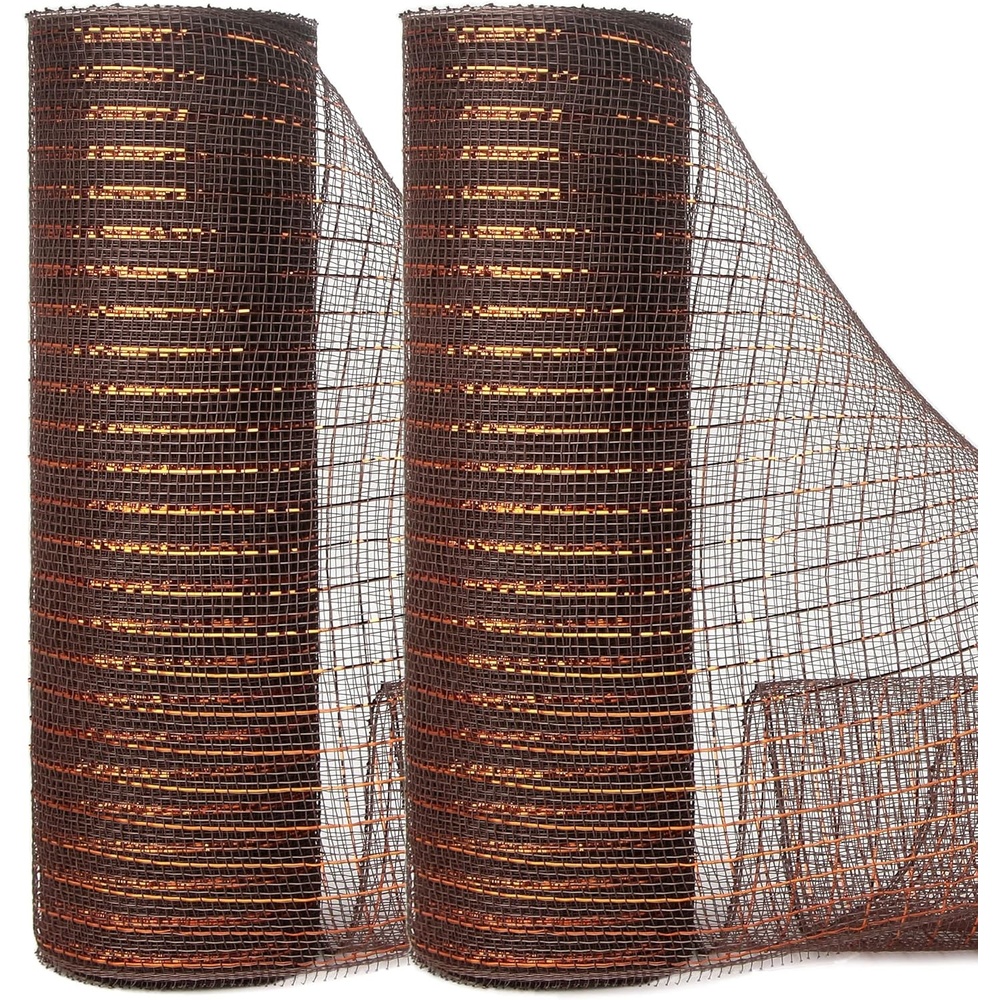 Ribbli 2 Rolls Champagne Gold Metallic Mesh Ribbon Champagne Gold Deluxe Foil Christmas Ribbon for Christmas Tree Wreath Swags Wedding Garland 10 inch x 30 feet(10Yard) Per Roll(Chocolate Brown/Copper)