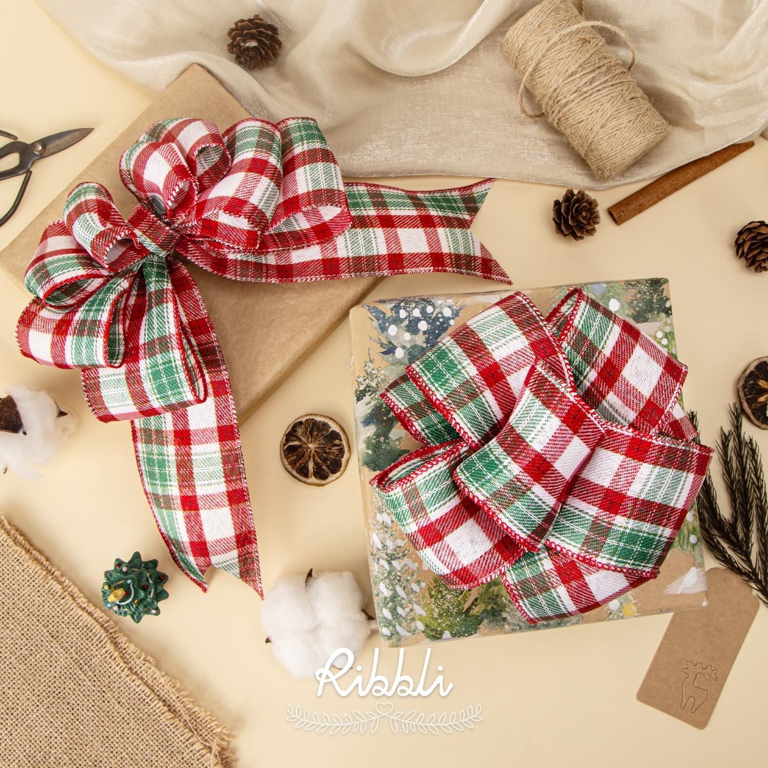 Ribbli Christmas Plaid Wired Ribbon, Green Blue Plaid Ribbon 1-1/2 Inch x Continuous 10 Yard, Christmas Ribbon for Gift Wrapping, Big Bow, Wreath(Red/White/Green)