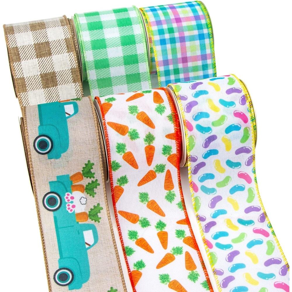 Ribbli Easter Ribbon Wired-Easter Bunny Truck/Carrot/Beans/Plaid Burlap Ribbon 2-1/2 Inch Total 90 Feets(30 Yards) 6 Rolls Spring Ribbon for Crafts Wreaths Wrapping Outdoor Decor