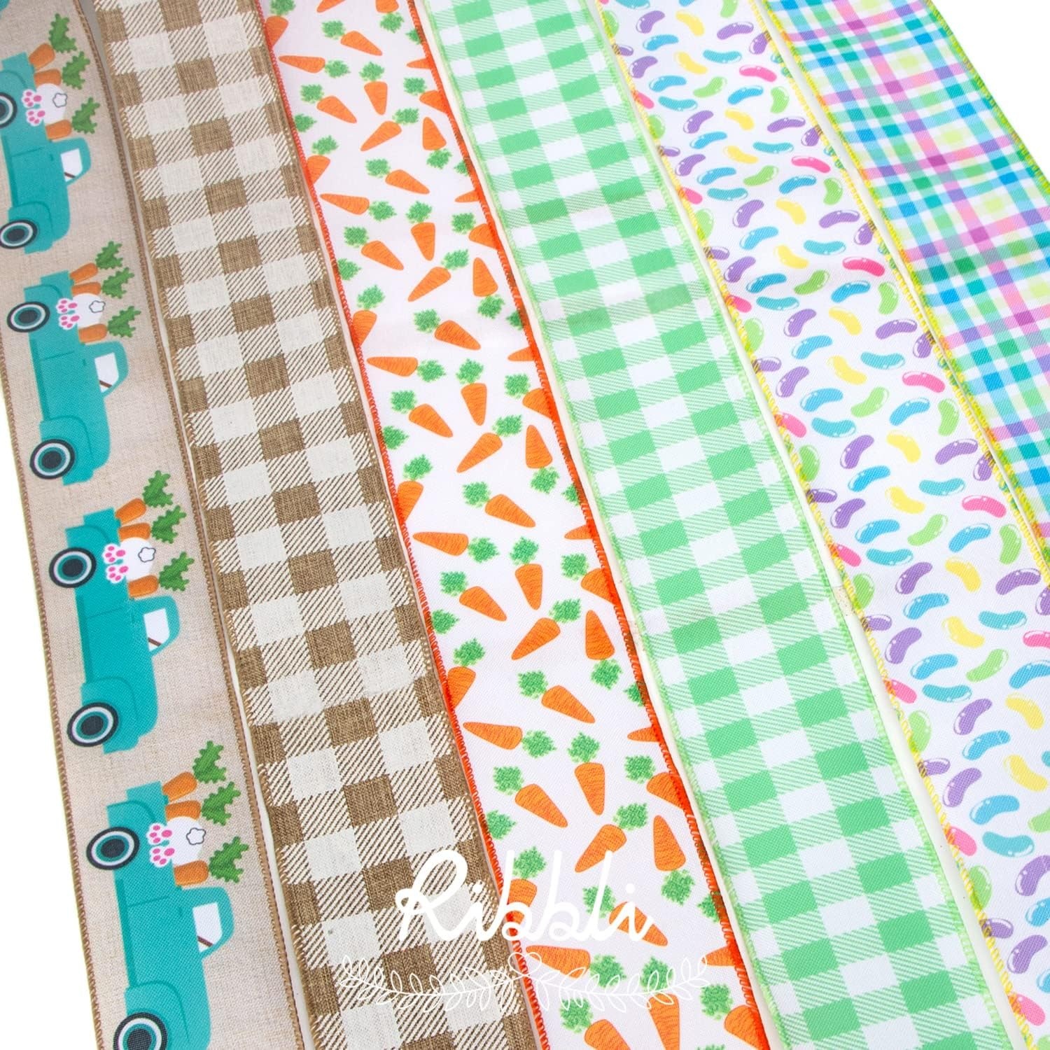 Ribbli Easter Ribbon Wired-Easter Bunny Truck/Carrot/Beans/Plaid Burlap Ribbon 2-1/2 Inch Total 90 Feets(30 Yards) 6 Rolls Spring Ribbon for Crafts Wreaths Wrapping Outdoor Decor