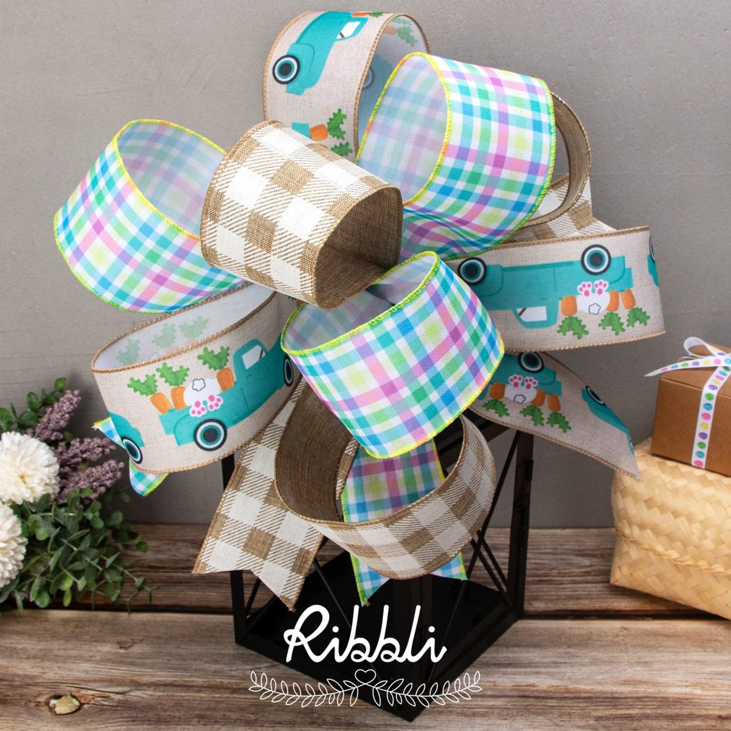 Ribbli Easter Ribbon Wired-Easter Bunny Truck/Carrot/Beans/Plaid Burlap Ribbon 2-1/2 Inch Total 90 Feets(30 Yards) 6 Rolls Spring Ribbon for Crafts Wreaths Wrapping Outdoor Decor