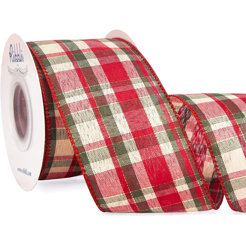 Ribbli Christmas Plaid Wired Ribbon, Green Blue Plaid Ribbon 1-1/2 Inch x Continuous 10 Yard, Christmas Ribbon for Gift Wrapping, Big Bow, Wreath(Red/Moss/Ivory)
