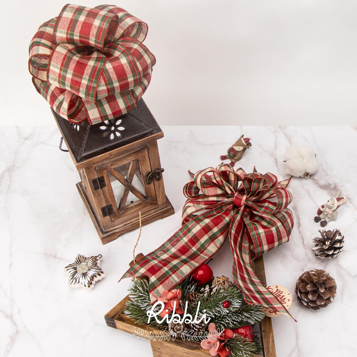 Ribbli Christmas Plaid Wired Ribbon, Green Blue Plaid Ribbon 1-1/2 Inch x Continuous 10 Yard, Christmas Ribbon for Gift Wrapping, Big Bow, Wreath(Red/Moss/Ivory)