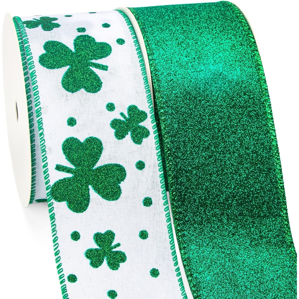 Ribbli St Patricks Day Ribbon Wired,2 Rolls-Glitter Shamrock White Burlap & Green Glitter Ribbon,2-1/2 Inch Total 60 Feets(20 Yards), Shamrock Ribbon for Big Bow,Wreath Decoration