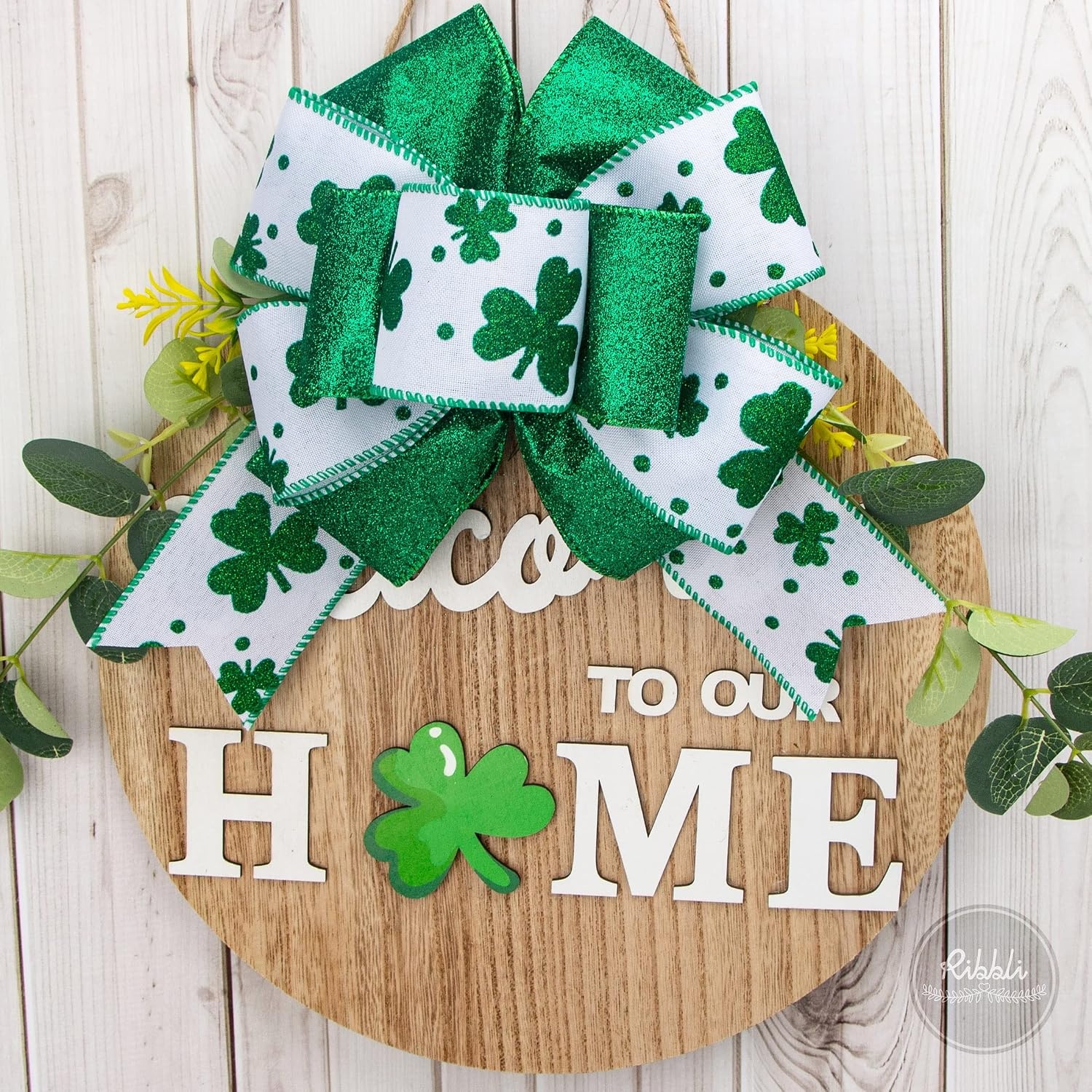 Ribbli St Patricks Day Ribbon Wired,2 Rolls-Glitter Shamrock White Burlap & Green Glitter Ribbon,2-1/2 Inch Total 60 Feets(20 Yards), Shamrock Ribbon for Big Bow,Wreath Decoration