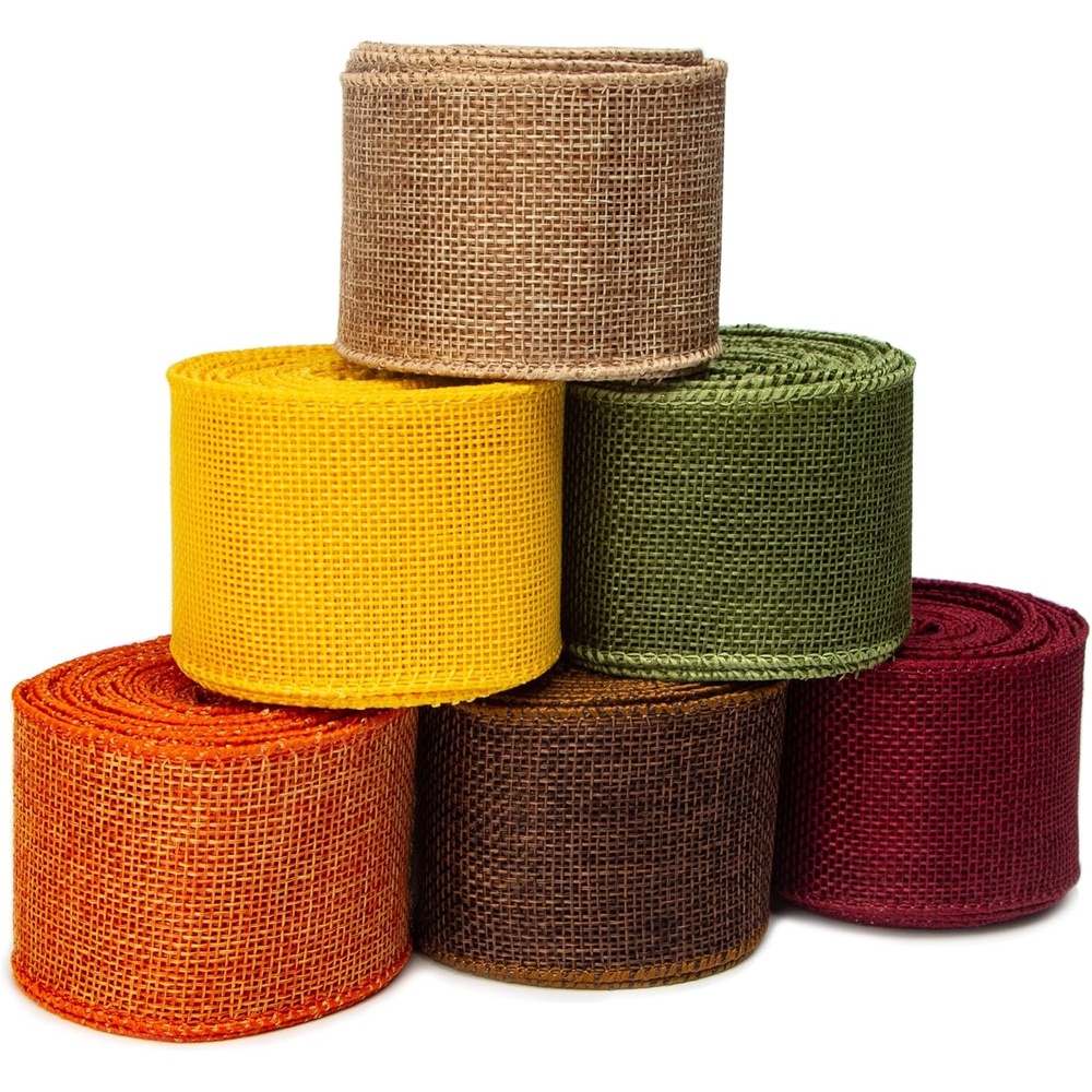 Ribbli Fall Burlap Ribbon,Natural/Yellow/Orange/Sage/Brown/Burgundy Burlap Wired Ribbon,2 Inch x 6 Colors Total 30 Yard, Fall Wired Ribbon for Big Bow,Wreath,Outdoor Decoration(2 inch)