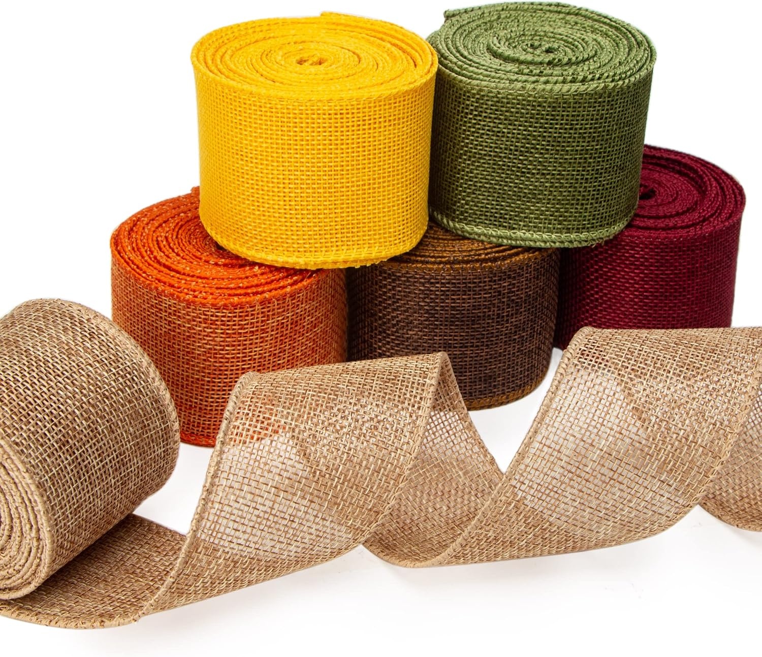 Ribbli Fall Burlap Ribbon,Natural/Yellow/Orange/Sage/Brown/Burgundy Burlap Wired Ribbon,2 Inch x 6 Colors Total 30 Yard, Fall Wired Ribbon for Big Bow,Wreath,Outdoor Decoration(2 inch)