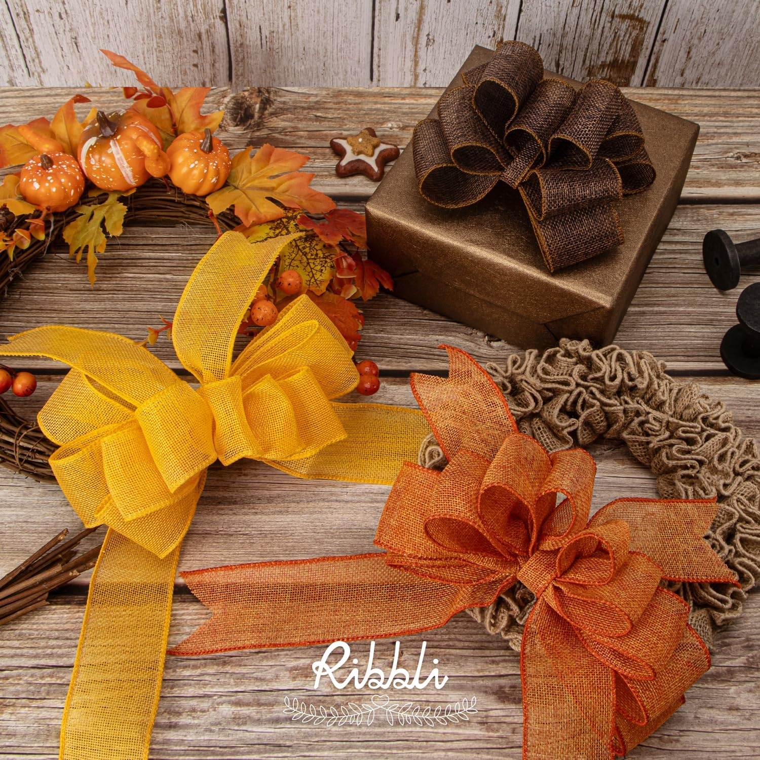 Ribbli Fall Burlap Ribbon,Natural/Yellow/Orange/Sage/Brown/Burgundy Burlap Wired Ribbon,2 Inch x 6 Colors Total 30 Yard, Fall Wired Ribbon for Big Bow,Wreath,Outdoor Decoration(2 inch)