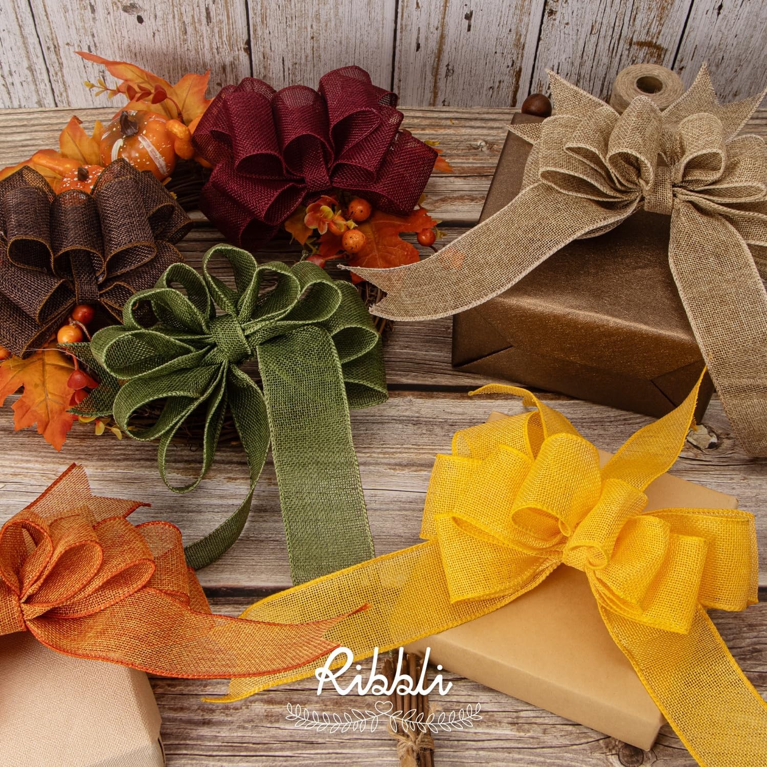 Ribbli Fall Burlap Ribbon,Natural/Yellow/Orange/Sage/Brown/Burgundy Burlap Wired Ribbon,2 Inch x 6 Colors Total 30 Yard, Fall Wired Ribbon for Big Bow,Wreath,Outdoor Decoration(2 inch)