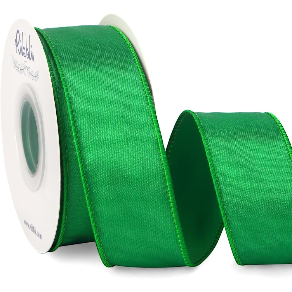 Ribbli Black Satin Wired Ribbon 2.5 Inch Black Christmas Ribbon for Gift Wrapping Wreaths Garland Tree Decoration Crafts Home Decor-Continous 20 Yards(Green)