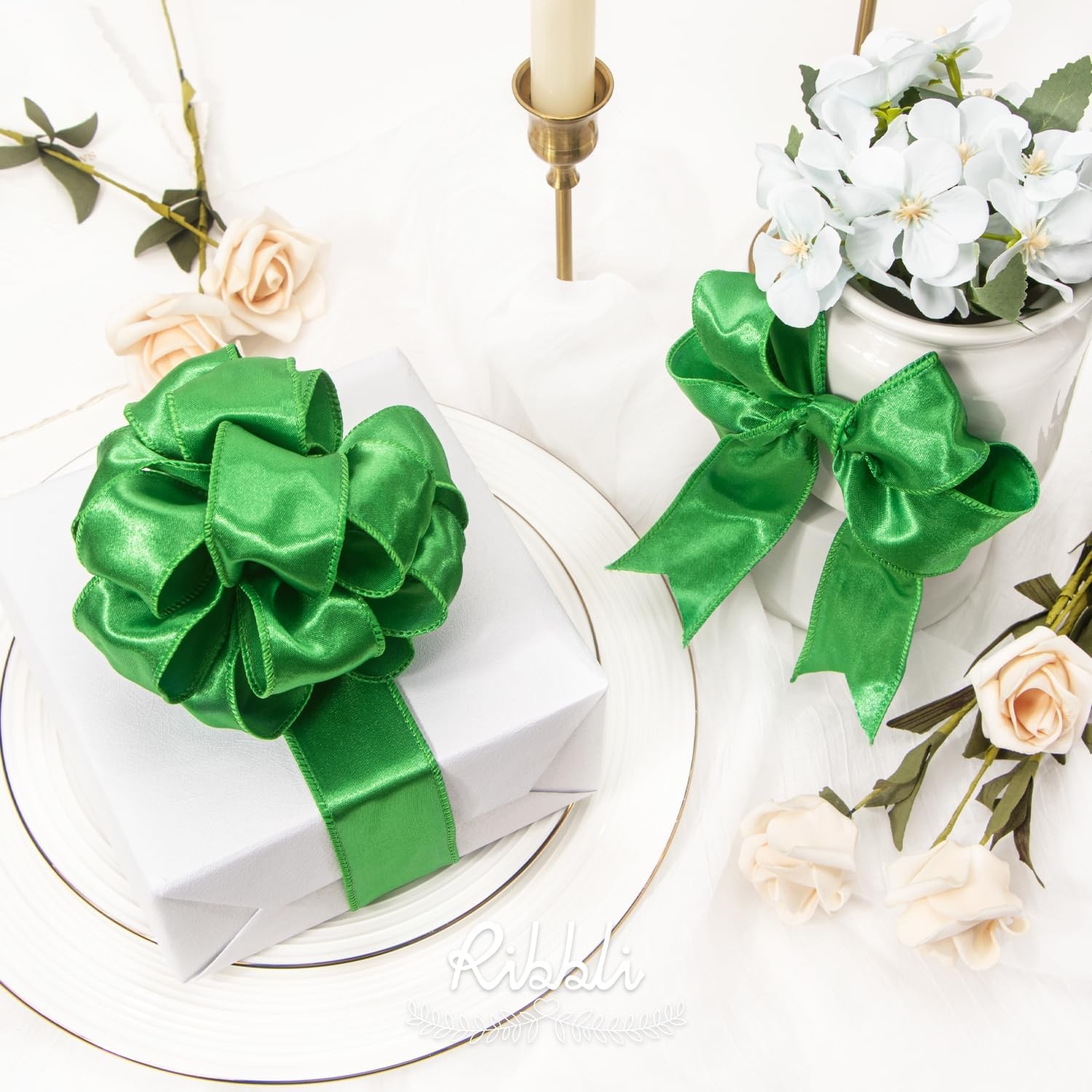 Ribbli Black Satin Wired Ribbon 2.5 Inch Black Christmas Ribbon for Gift Wrapping Wreaths Garland Tree Decoration Crafts Home Decor-Continous 20 Yards(Green)