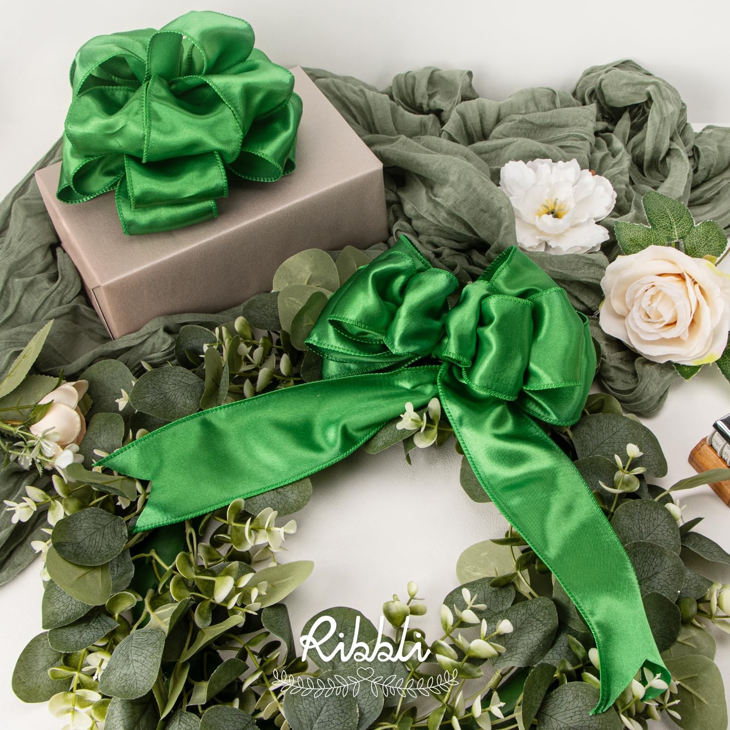 Ribbli Black Satin Wired Ribbon 2.5 Inch Black Christmas Ribbon for Gift Wrapping Wreaths Garland Tree Decoration Crafts Home Decor-Continous 20 Yards(Green)