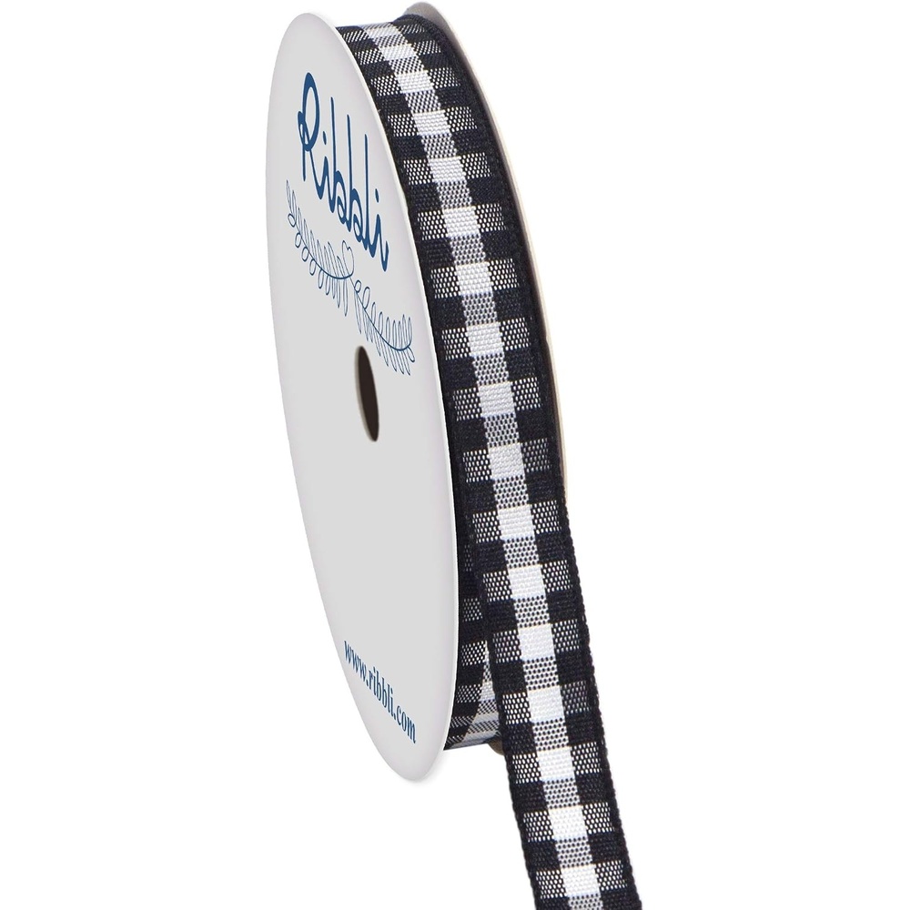 Ribbli Black and White Gingham Ribbon,Polyester Woven Edge,3/8 Inch x 10 Yard,Plaid Ribbon,Buffalo Checked Ribbon (Black B)