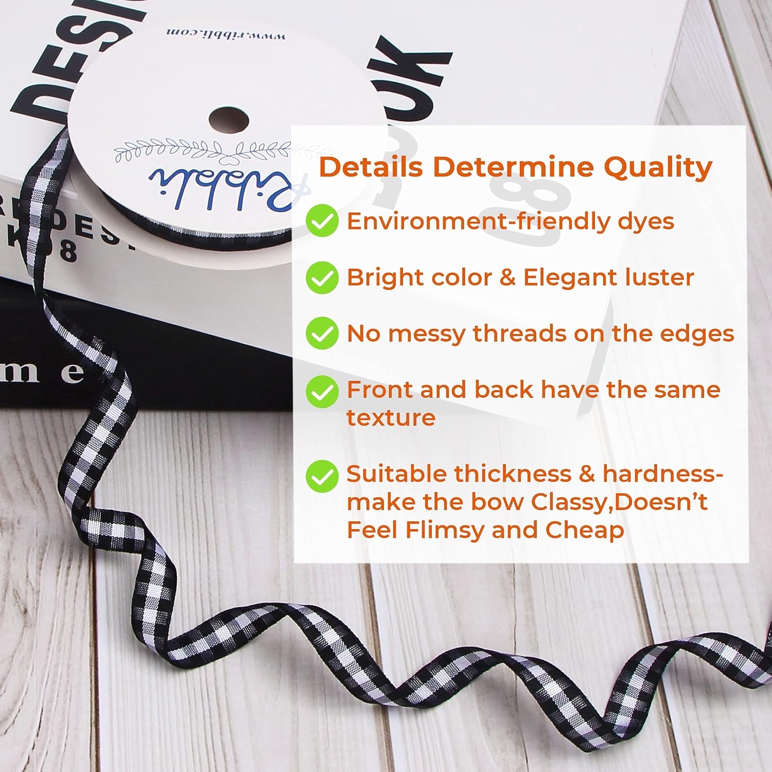 Ribbli Black and White Gingham Ribbon,Polyester Woven Edge,3/8 Inch x 10 Yard,Plaid Ribbon,Buffalo Checked Ribbon (Black B)