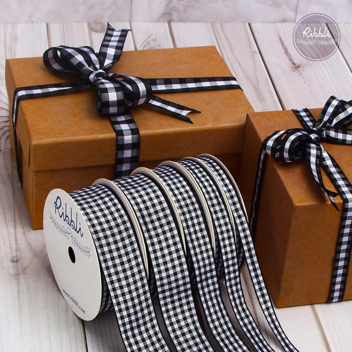 Ribbli Black and White Gingham Ribbon,Polyester Woven Edge,3/8 Inch x 10 Yard,Plaid Ribbon,Buffalo Checked Ribbon (Black B)