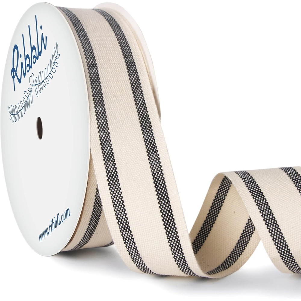 Ribbli Natural Cotton Stripe Ribbon,5/8 Inch x 10 Yard Spool,Natural/Black,Farmhouse Ribbon,Use for Gift Wrapping,Home Decor,Floral Decoration(Black)