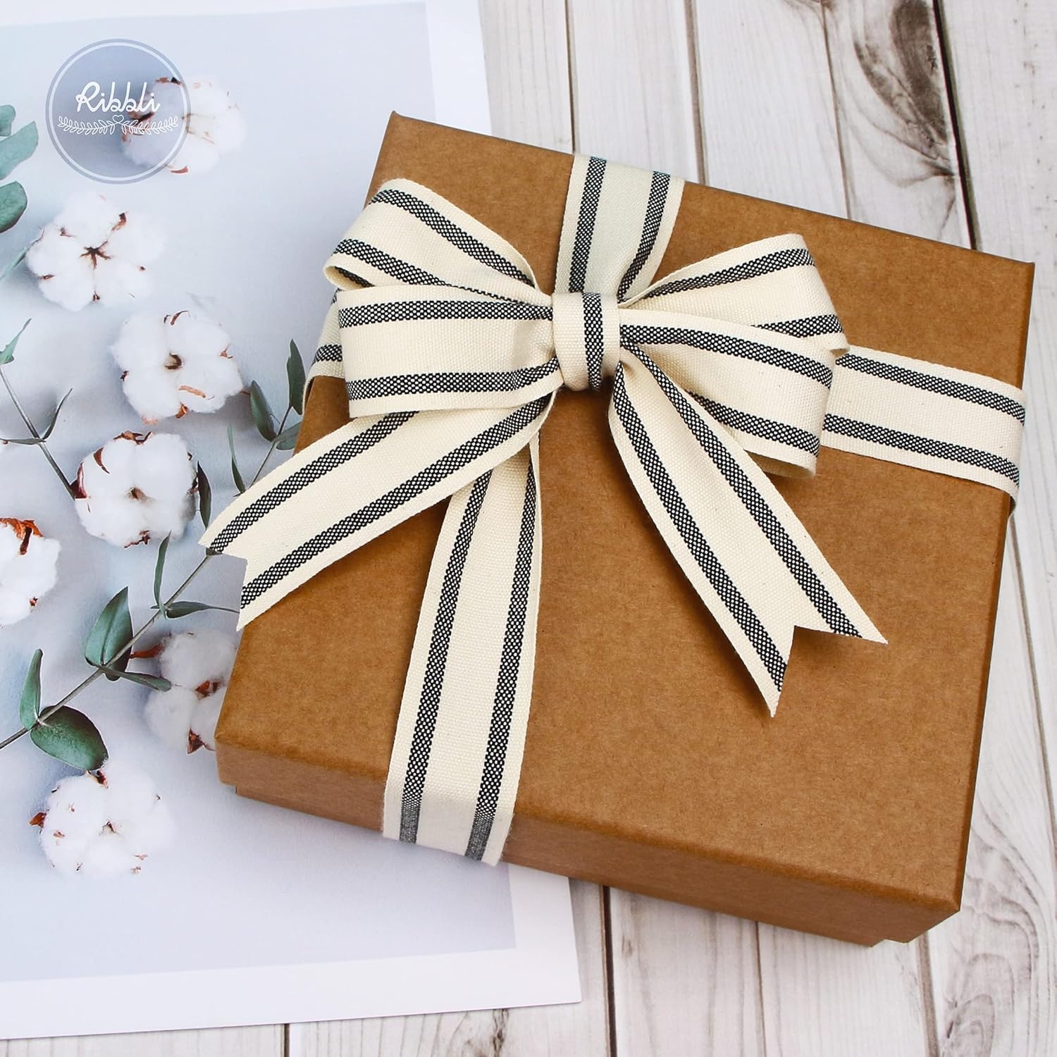 Ribbli Natural Cotton Stripe Ribbon,5/8 Inch x 10 Yard Spool,Natural/Black,Farmhouse Ribbon,Use for Gift Wrapping,Home Decor,Floral Decoration(Black)