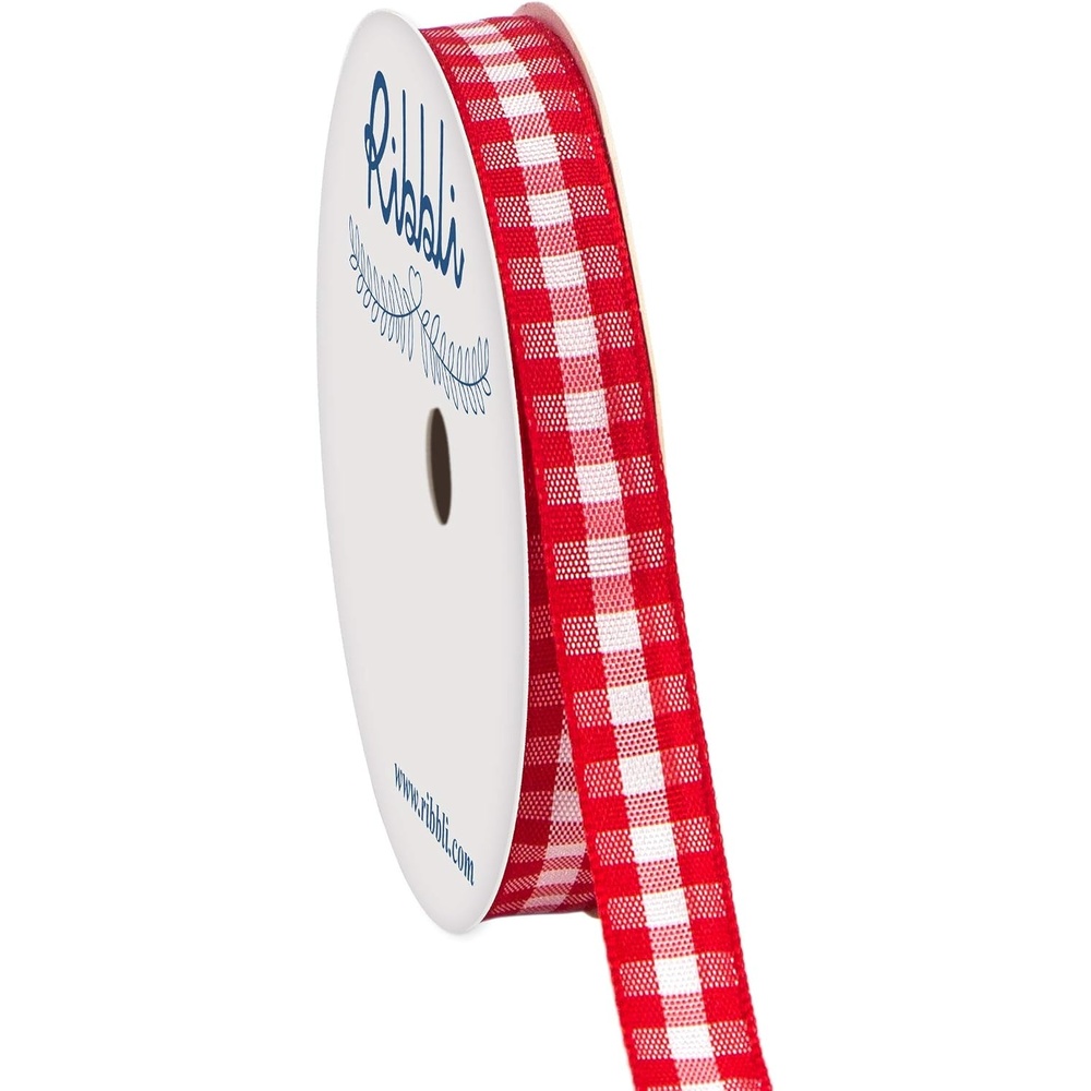Ribbli Red and White Gingham Ribbon,Polyester Woven Edge,3/8 Inch x 10 Yard,Plaid Ribbon,Use for Gift Wrapping,Party Decoration(Red B)