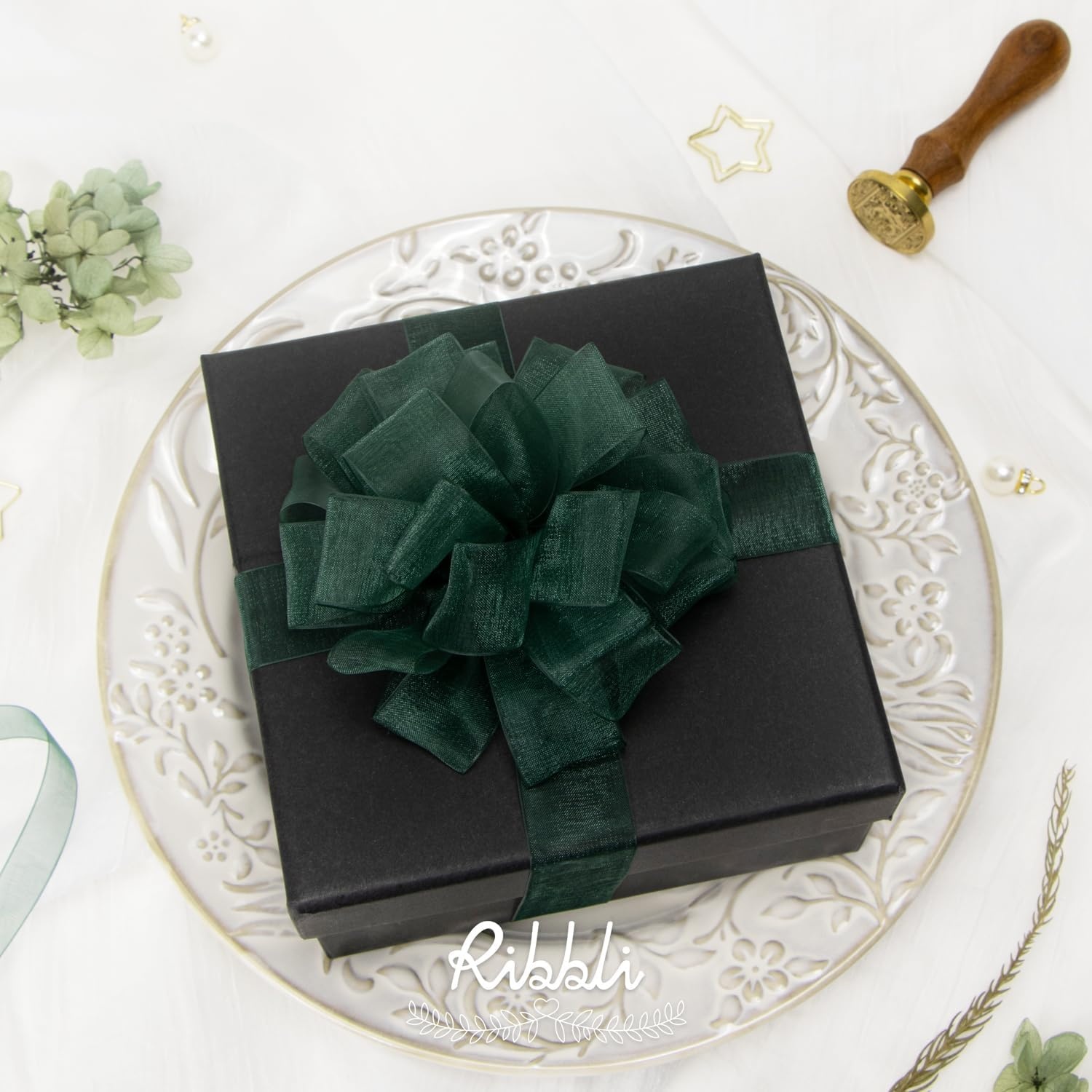 Ribbli Champagne Organza Ribbon,1/2 Inches x Continuous 50 Yard, Champagne Sheer Ribbon for Gift Wrapping,Cookie Wrapping,Wedding Decoration,All Crafting and Sewing(Spruce Green)