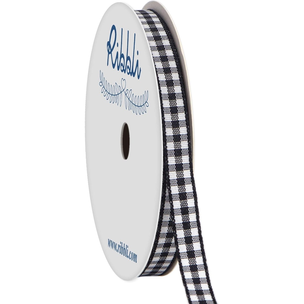 Ribbli Yellow and White Gingham Ribbon,100% Polyester Woven Edge,3/8 Inch x 10 Yard,Plaid Ribbon Use for Gift Wrapping,Party Decoration(Black/White)