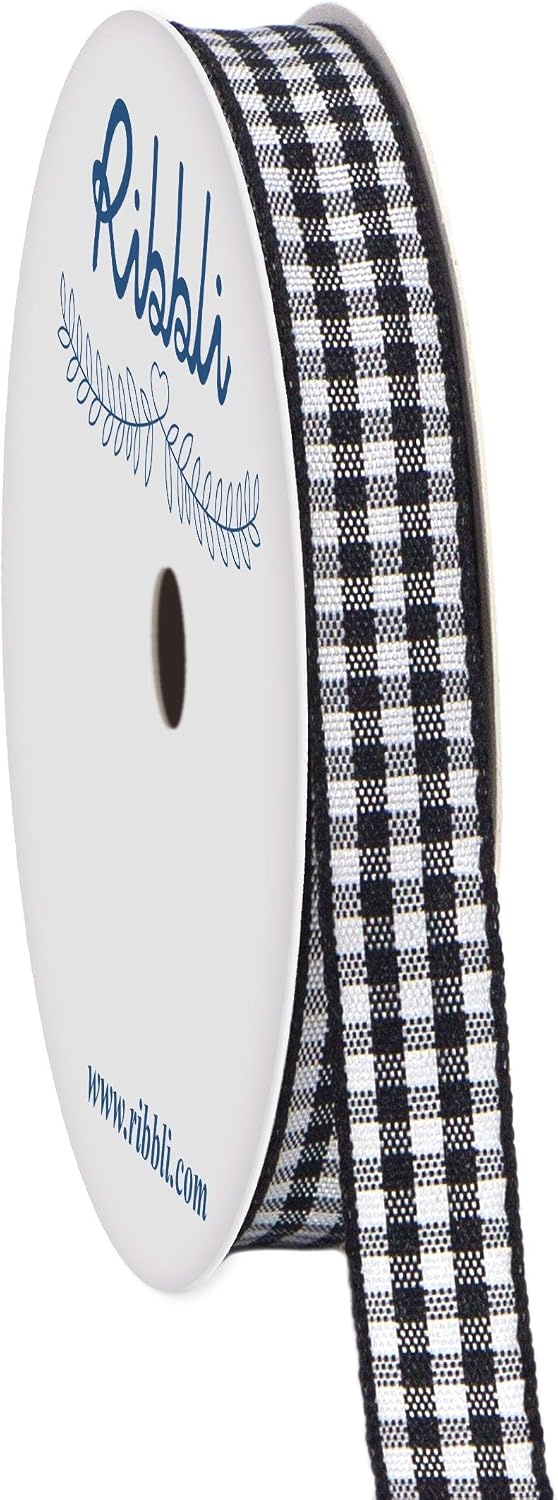 Ribbli Yellow and White Gingham Ribbon,100% Polyester Woven Edge,3/8 Inch x 10 Yard,Plaid Ribbon Use for Gift Wrapping,Party Decoration(Black/White)