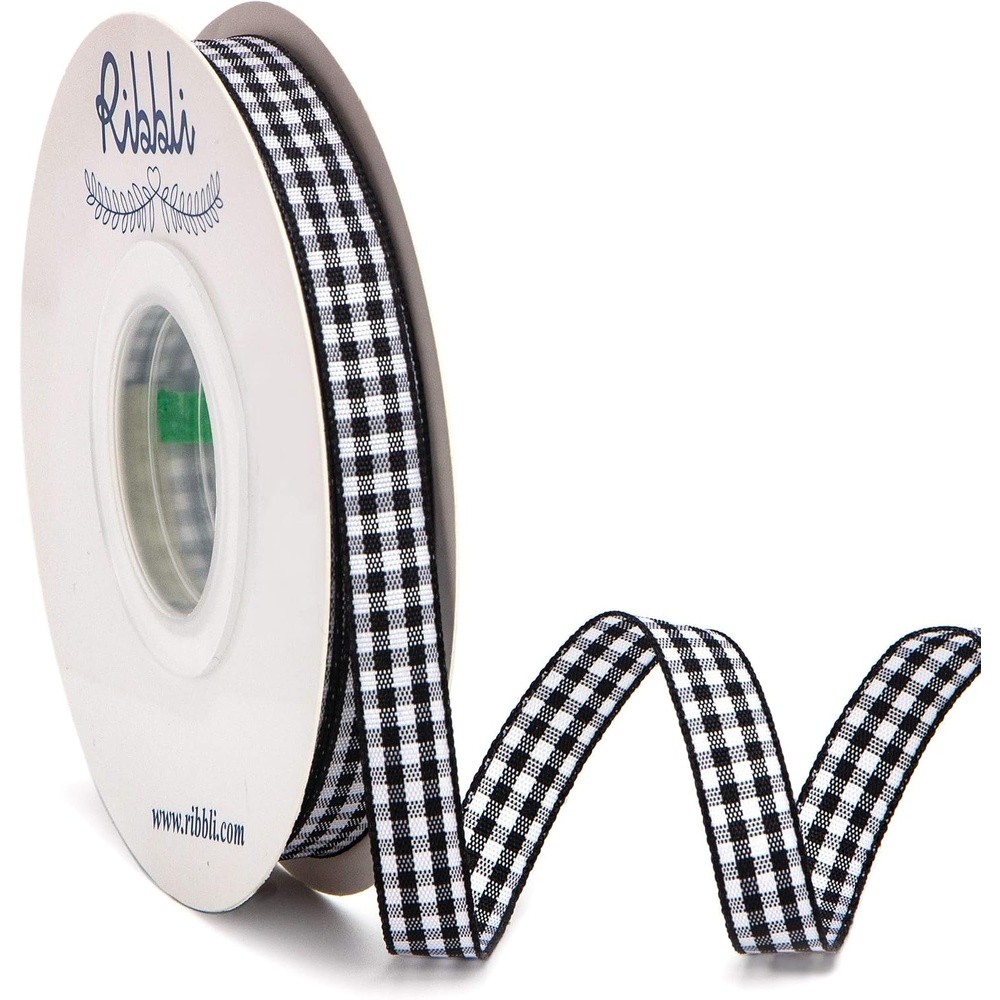 Ribbli Black and White Gingham Ribbon,3/8 Inches x Continuous 25 Yards,100% Polyester Woven Edge,Plaid Ribbon,Check Ribbon,Buffalo Checked (Black 1)(Black/White)