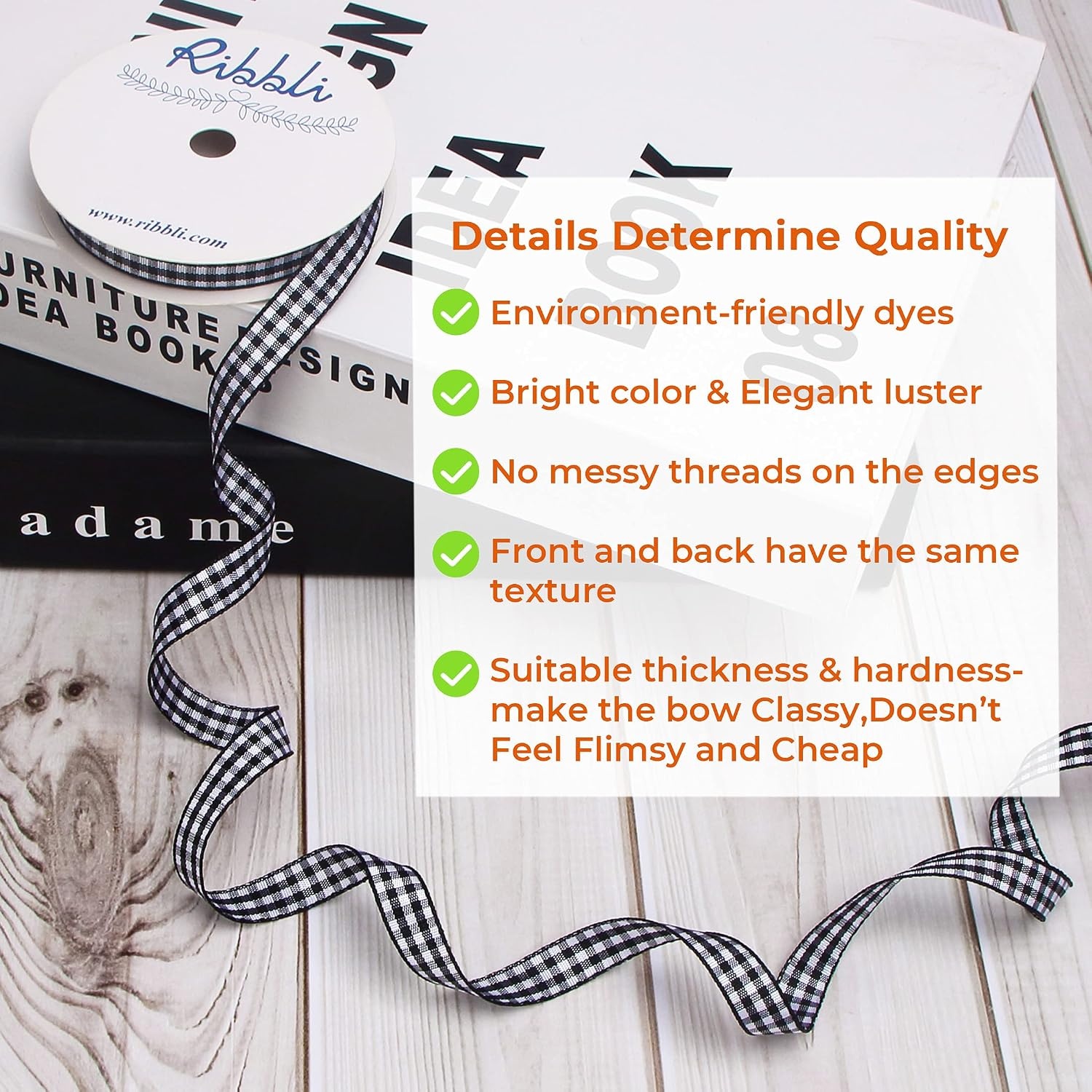 Ribbli Black and White Gingham Ribbon,3/8 Inches x Continuous 25 Yards,100% Polyester Woven Edge,Plaid Ribbon,Check Ribbon,Buffalo Checked (Black 1)(Black/White)