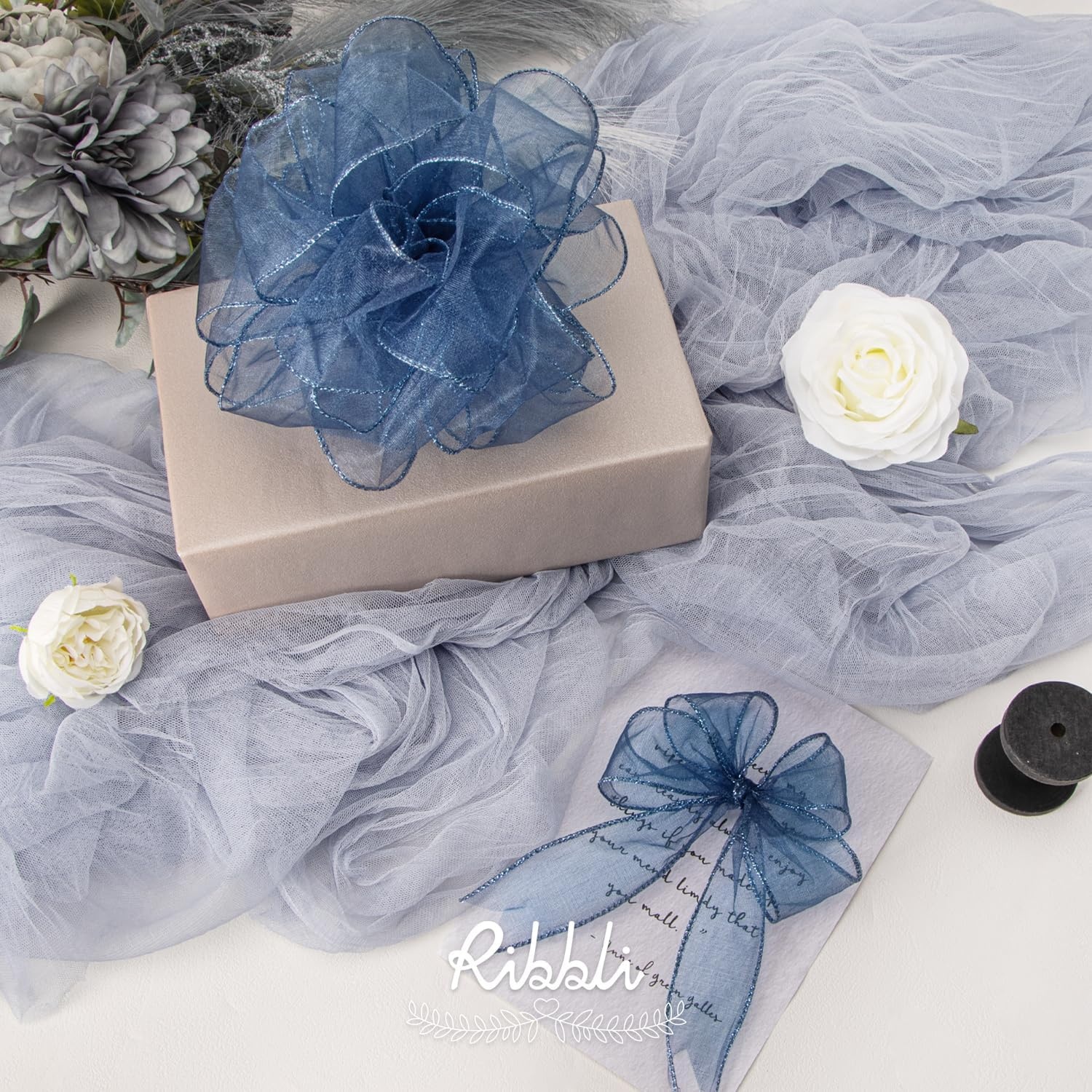 Ribbli Blue Organza Wired Ribbon, Baby Blue Sheer with Metallic Edge,2-1/2 Inch x 20 Yards Christmas Tree Ribbon for Decoration Gift Wrapping Wedding Crafts(Navy)