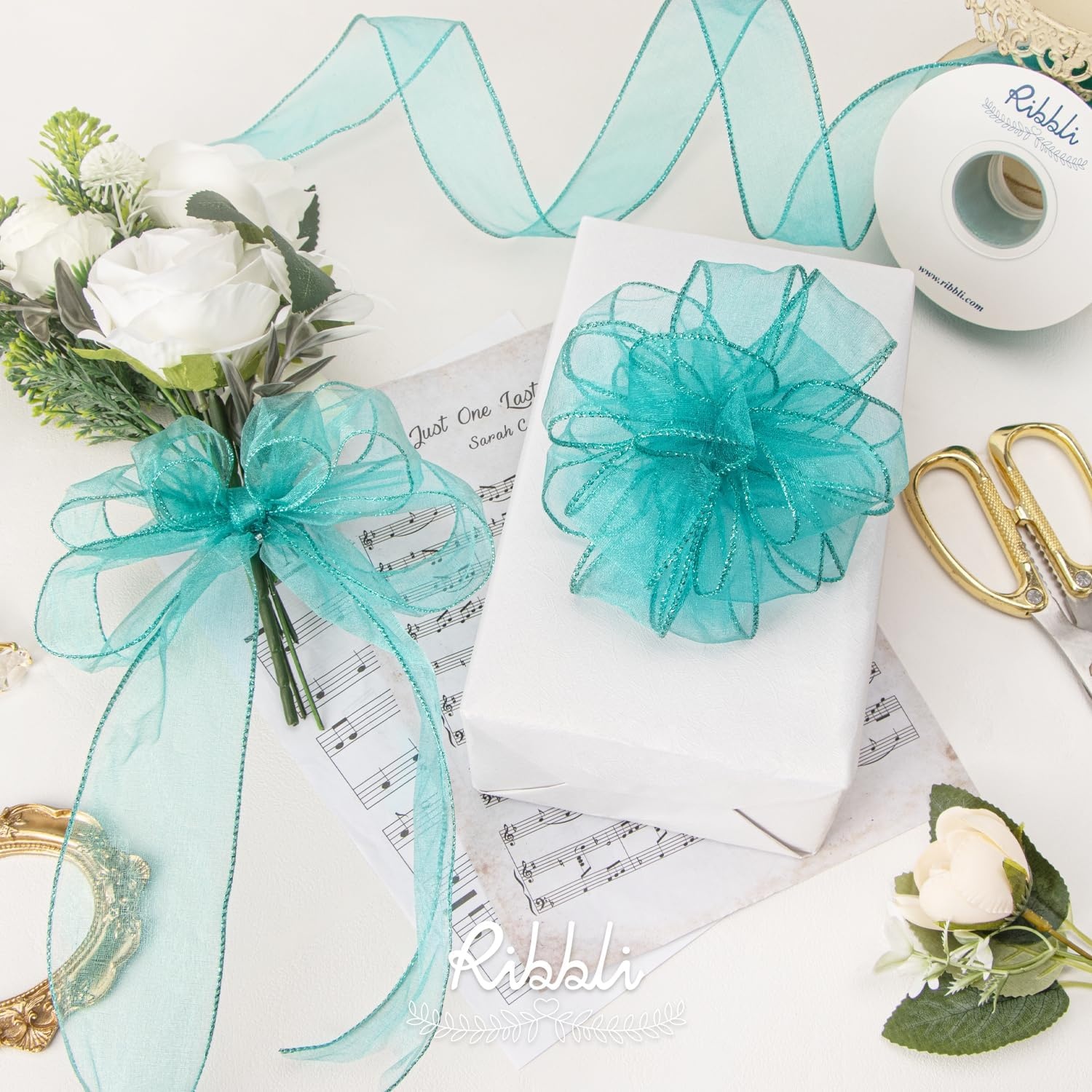 Ribbli Blue Organza Wired Ribbon, Baby Blue Sheer with Metallic Edge,2-1/2 Inch x 20 Yards Christmas Tree Ribbon for Decoration Gift Wrapping Wedding Crafts(Lt.Teal)