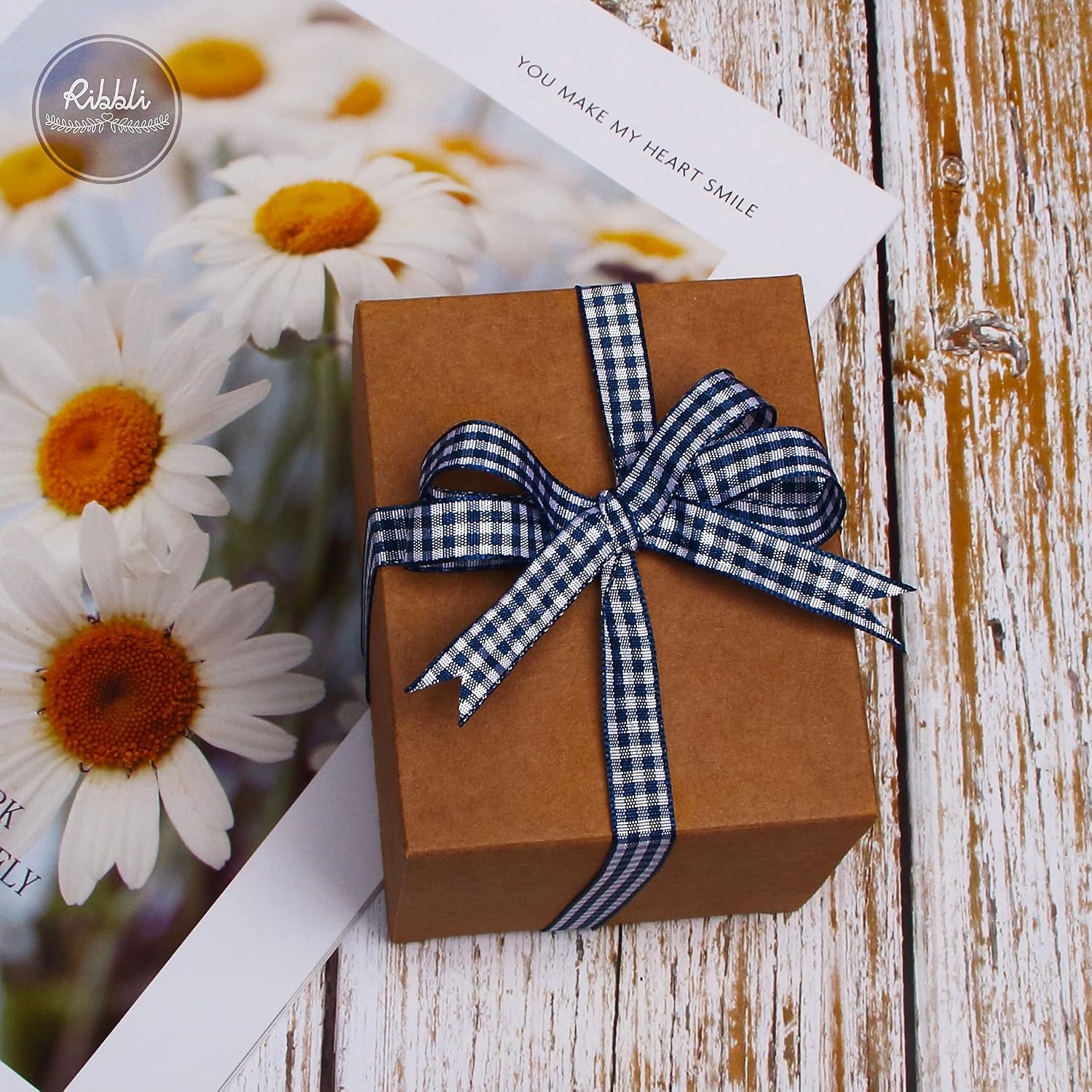 Ribbli Yellow and White Gingham Ribbon,100% Polyester Woven Edge,3/8 Inch x 10 Yard,Plaid Ribbon Use for Gift Wrapping,Party Decoration(Navy/White)