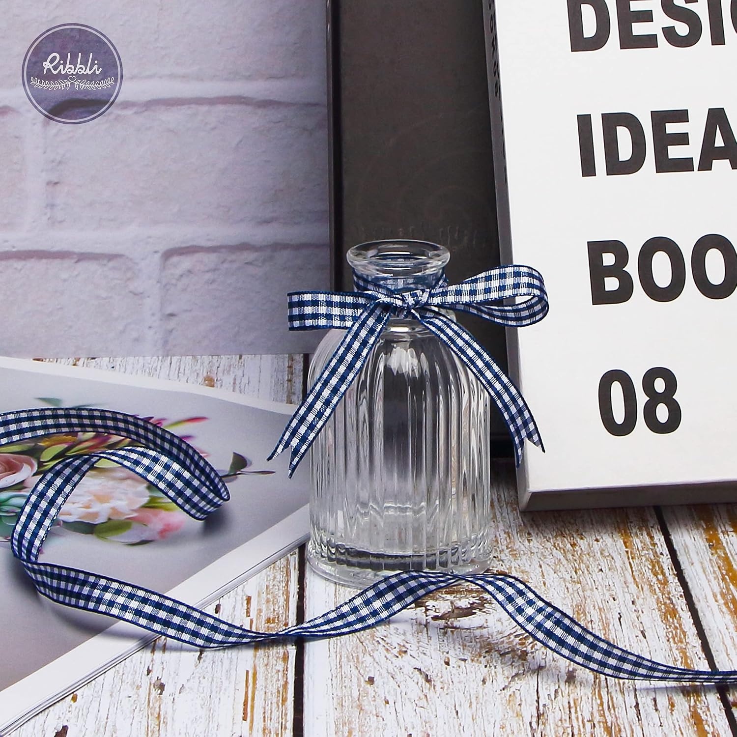 Ribbli Yellow and White Gingham Ribbon,100% Polyester Woven Edge,3/8 Inch x 10 Yard,Plaid Ribbon Use for Gift Wrapping,Party Decoration(Navy/White)