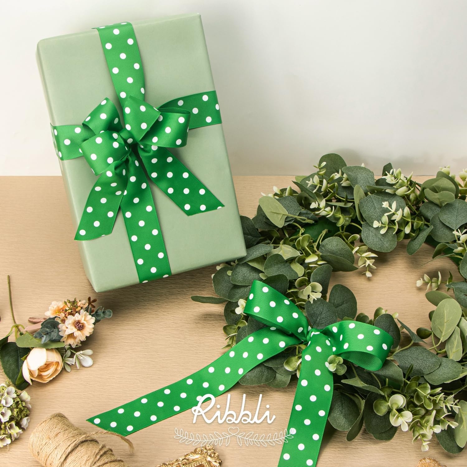 Ribbli Grosgrain Polka Dot Craft Ribbon,1-1/2 Inch,10-Yard Spool,Apple Green with White Dots,Use for Hair Bows,Gift Wrapping,All Crafting and Sewing(Emerald Green/White)