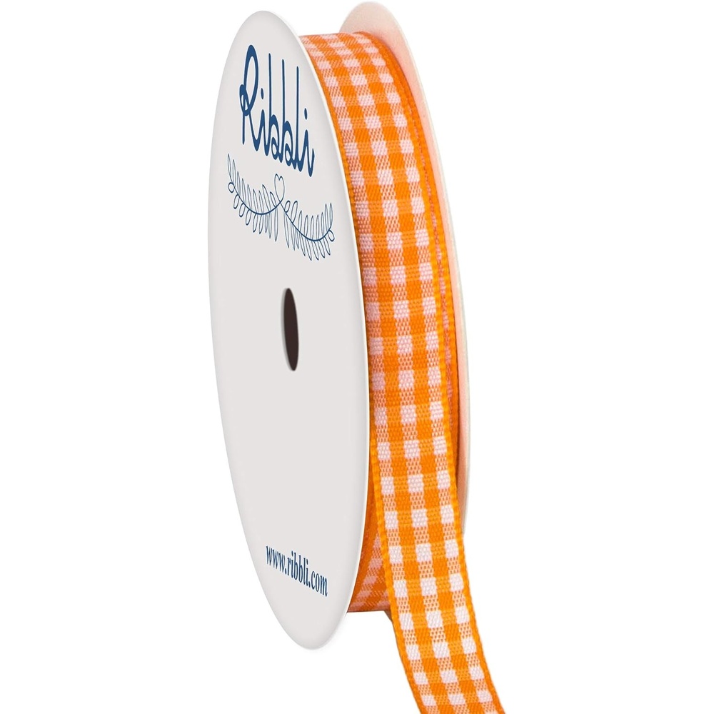 Ribbli Yellow and White Gingham Ribbon,100% Polyester Woven Edge,3/8 Inch x 10 Yard,Plaid Ribbon Use for Gift Wrapping,Party Decoration(Orange/White)