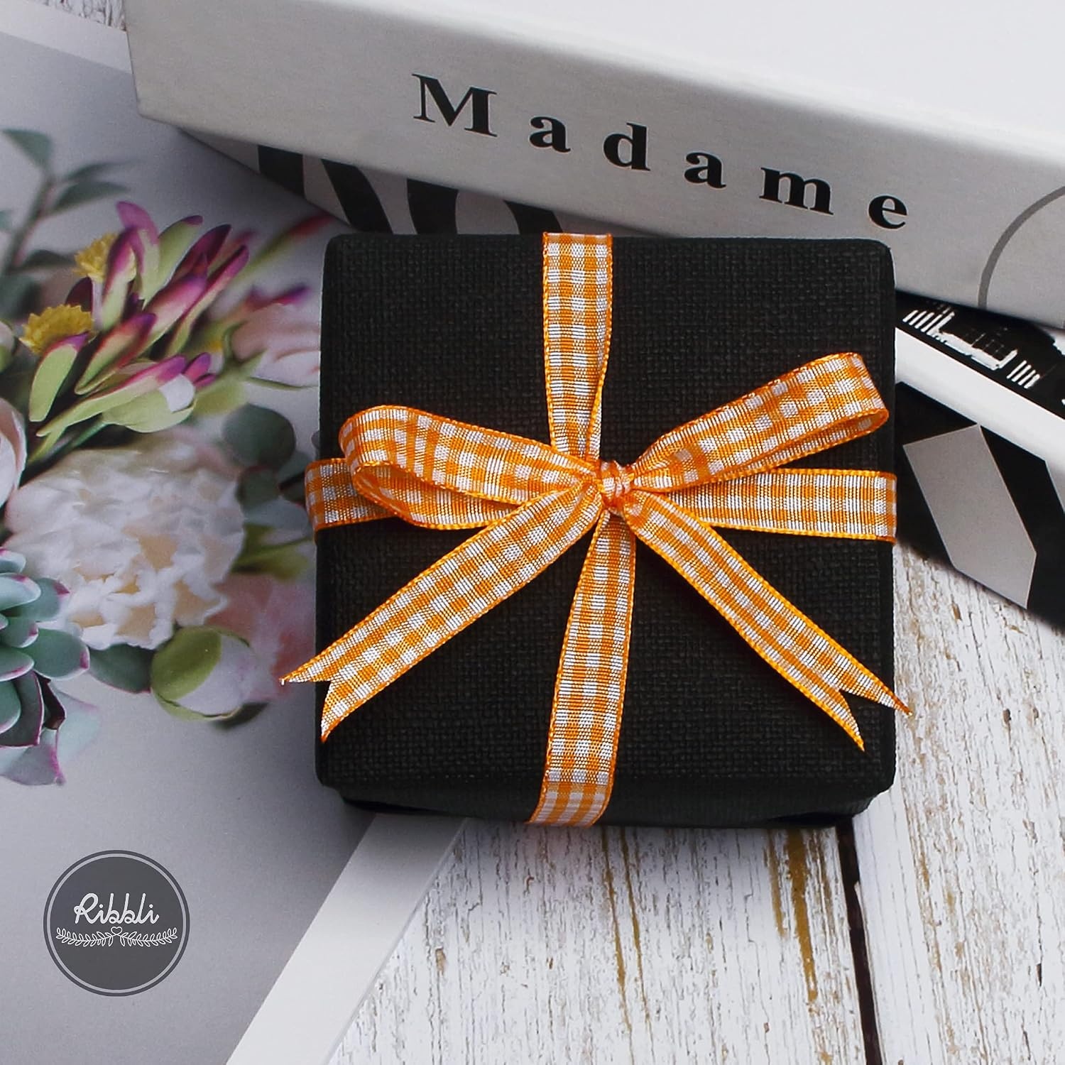 Ribbli Yellow and White Gingham Ribbon,100% Polyester Woven Edge,3/8 Inch x 10 Yard,Plaid Ribbon Use for Gift Wrapping,Party Decoration(Orange/White)