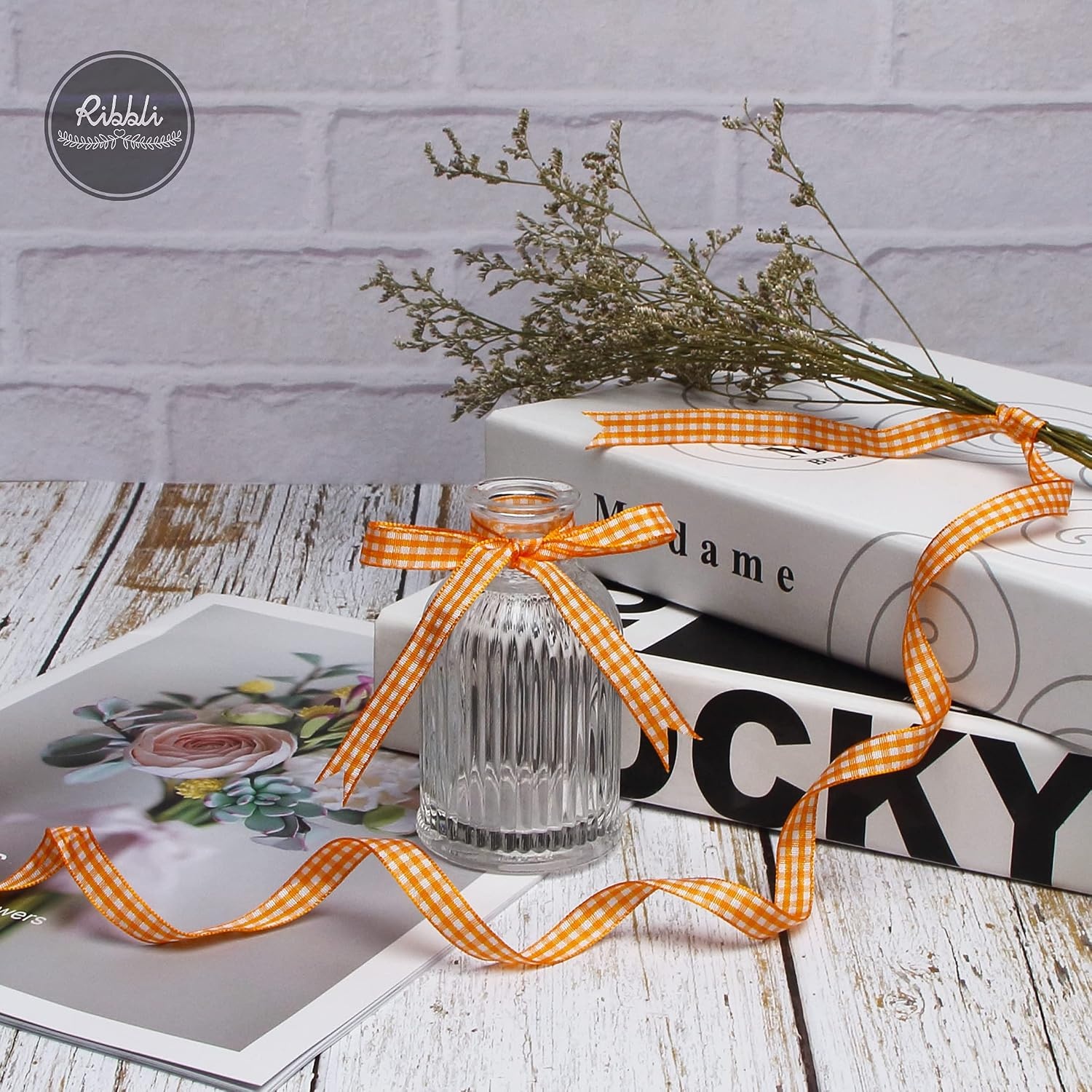 Ribbli Yellow and White Gingham Ribbon,100% Polyester Woven Edge,3/8 Inch x 10 Yard,Plaid Ribbon Use for Gift Wrapping,Party Decoration(Orange/White)