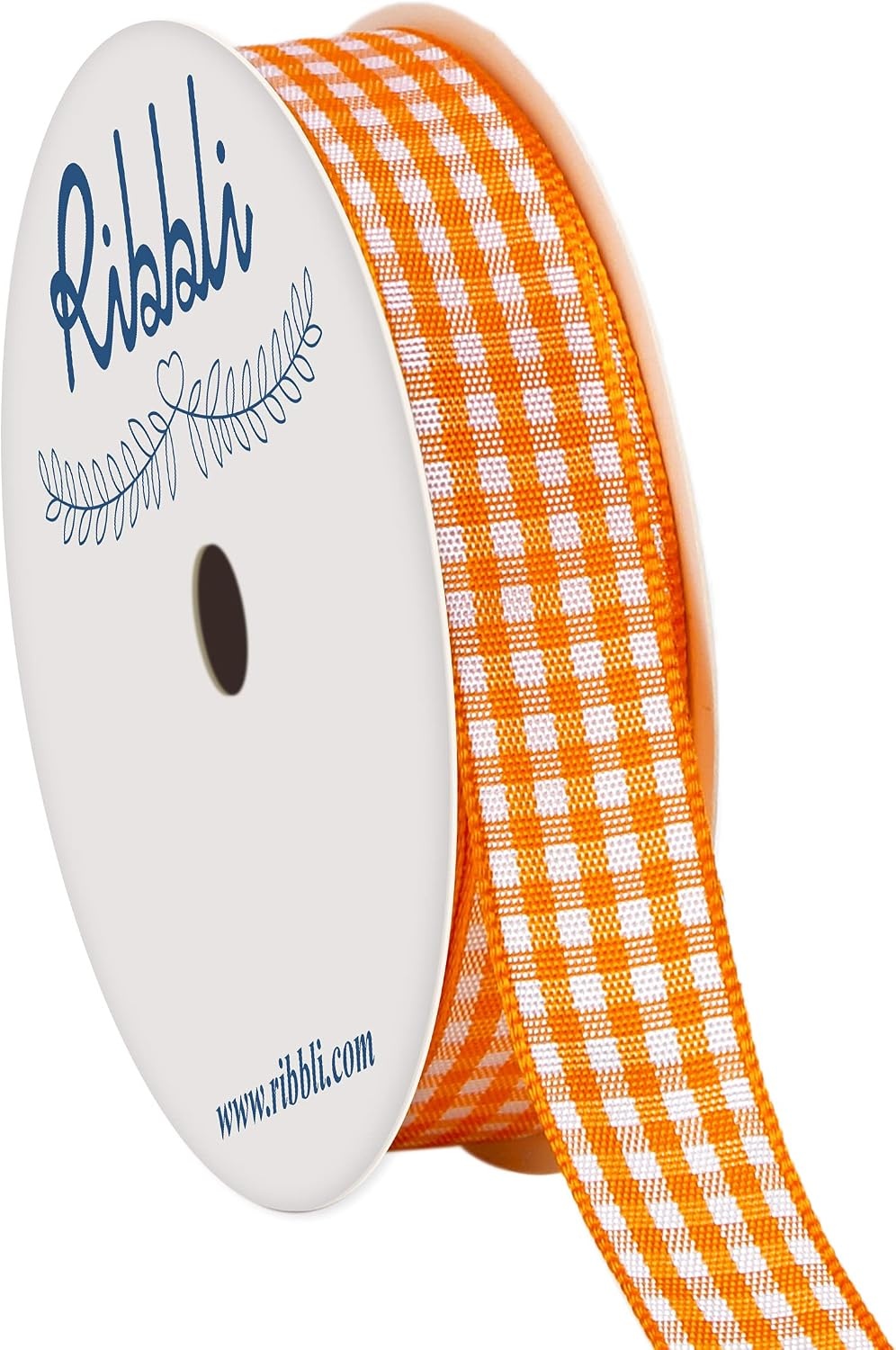 Ribbli Yellow and White Gingham Ribbon,100% Polyester Woven Edge,3/8 Inch x 10 Yard,Plaid Ribbon Use for Gift Wrapping,Party Decoration(Orange/White)