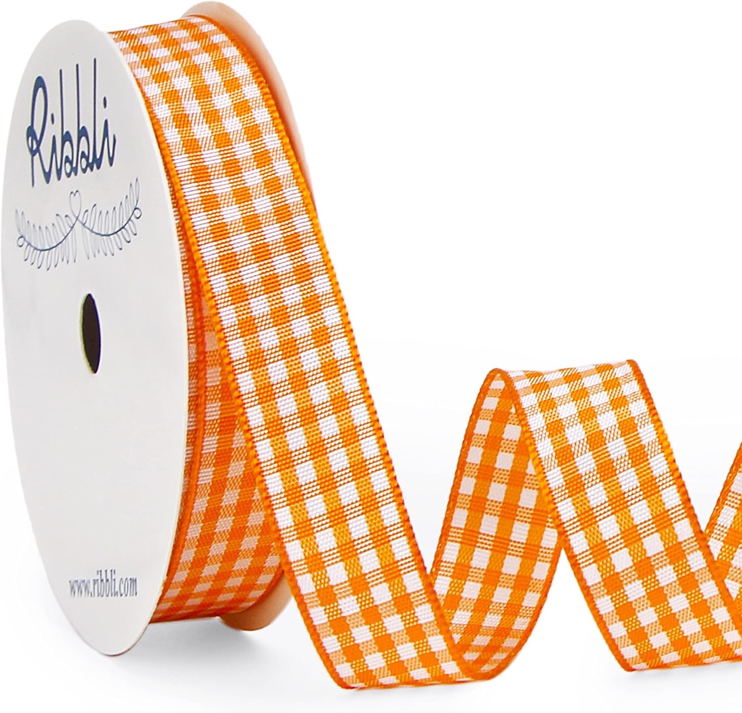 Ribbli Yellow and White Gingham Ribbon,100% Polyester Woven Edge,3/8 Inch x 10 Yard,Plaid Ribbon Use for Gift Wrapping,Party Decoration(Orange/White)