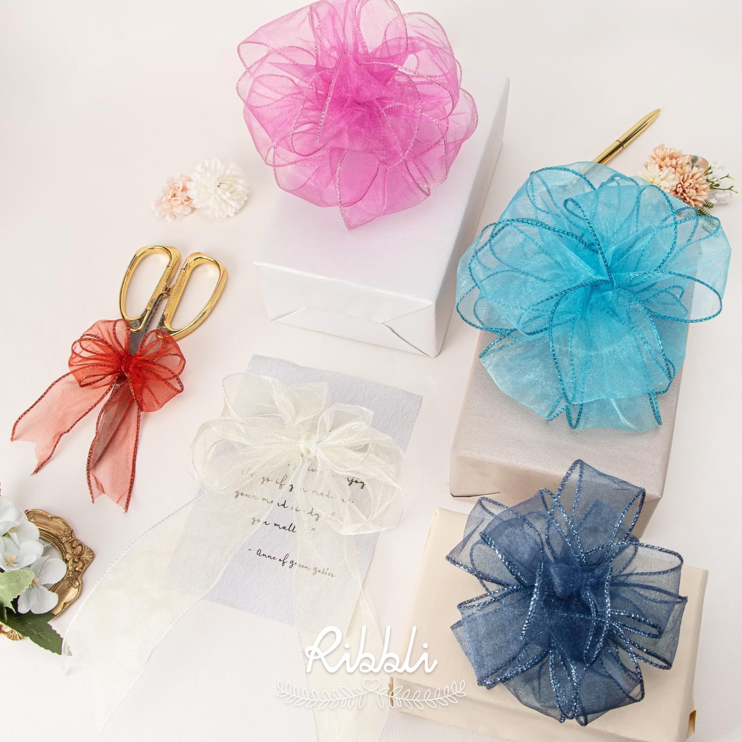 Ribbli Blue Organza Wired Ribbon, Baby Blue Sheer with Metallic Edge,2-1/2 Inch x 20 Yards Christmas Tree Ribbon for Decoration Gift Wrapping Wedding Crafts(Red)